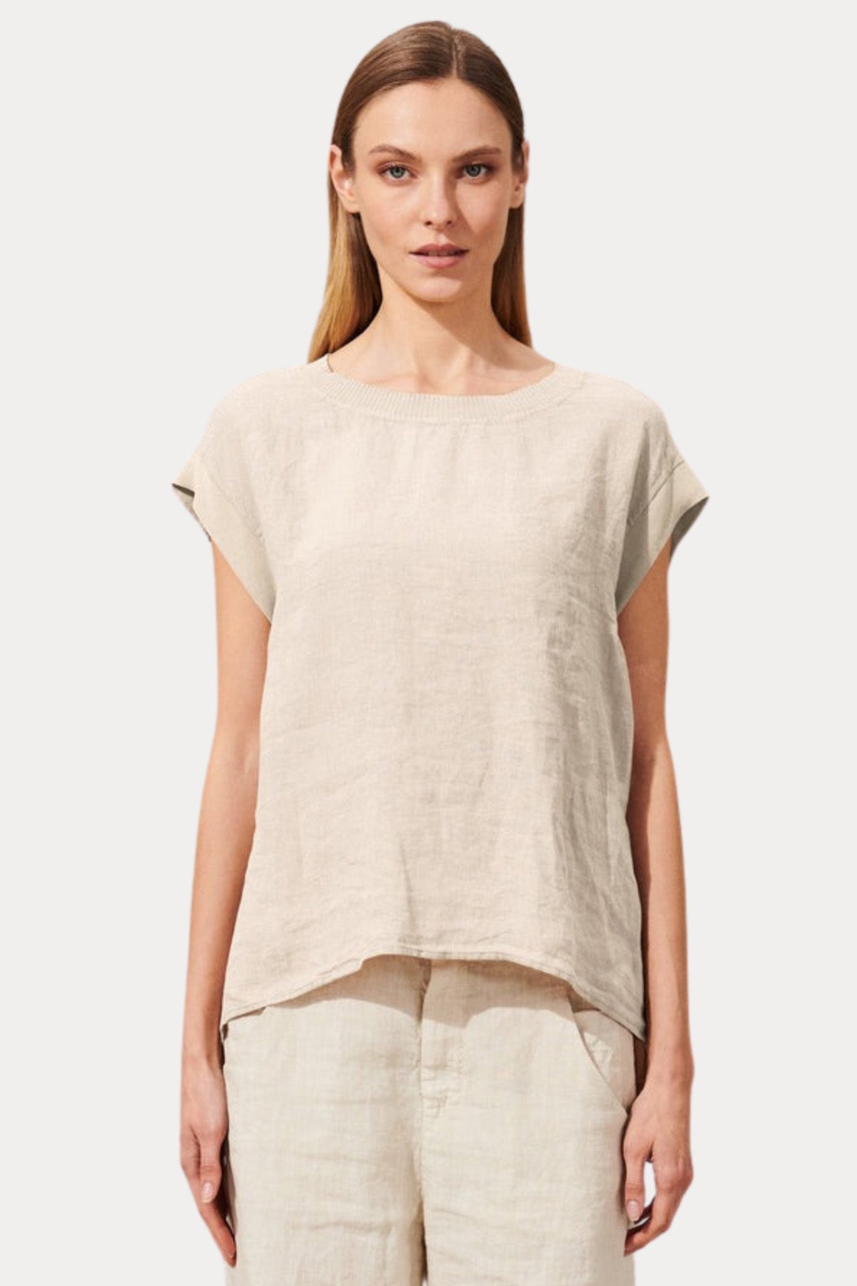 Transit Yuvarlak Yaka Keten Bluz