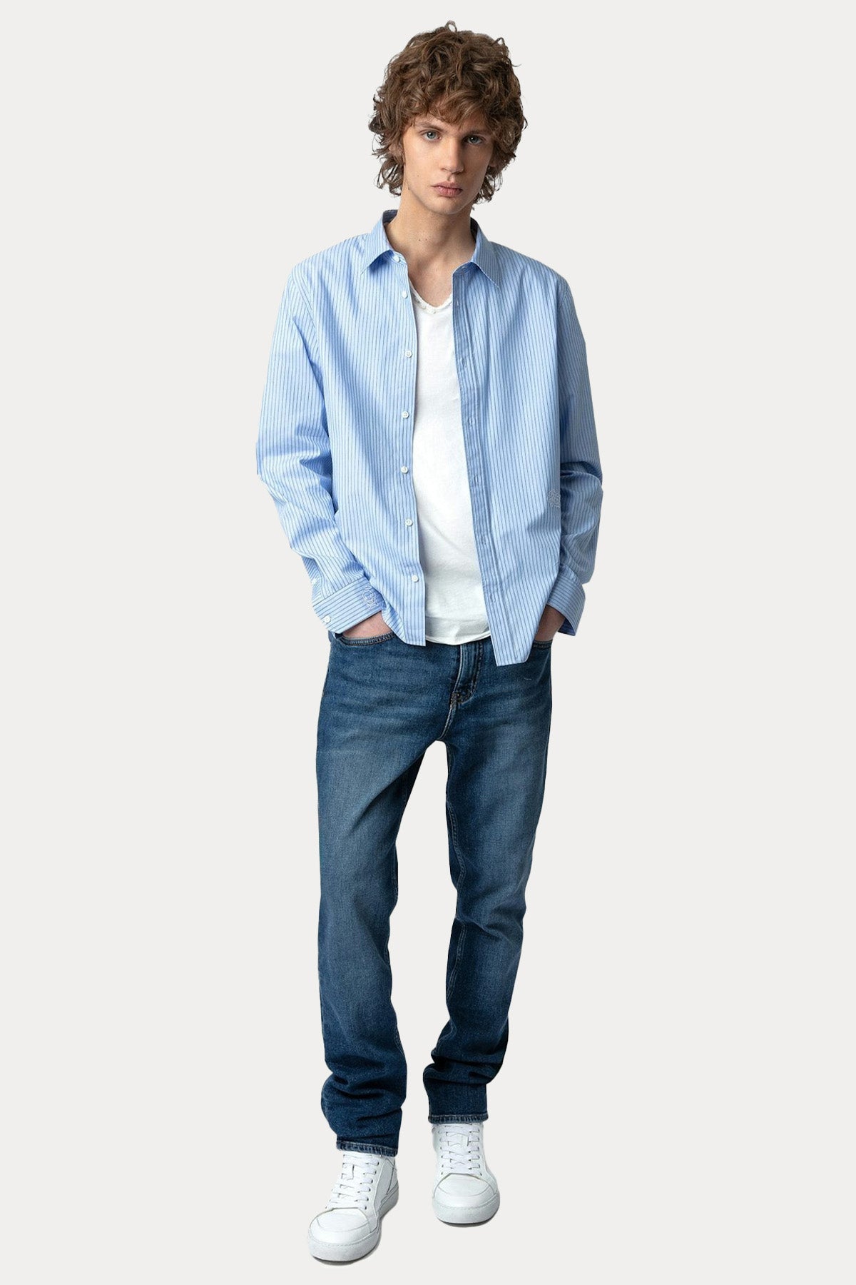 Zadig & Voltaire Klasik Yaka Nakış Desen Detaylı Çizgili Gömlek