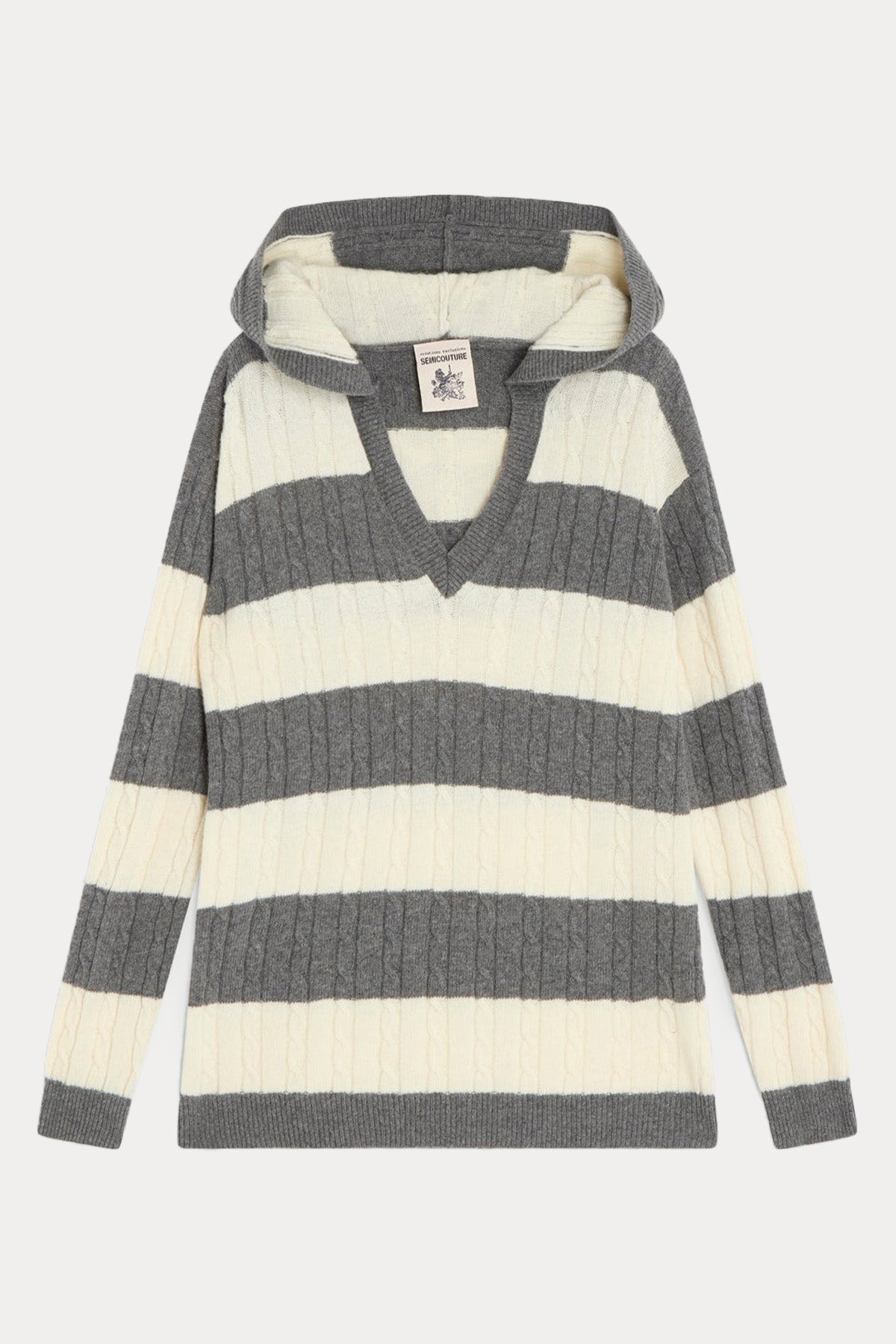 Semicouture Kapüşonlu Saç Örgü Çizgili Yün Triko