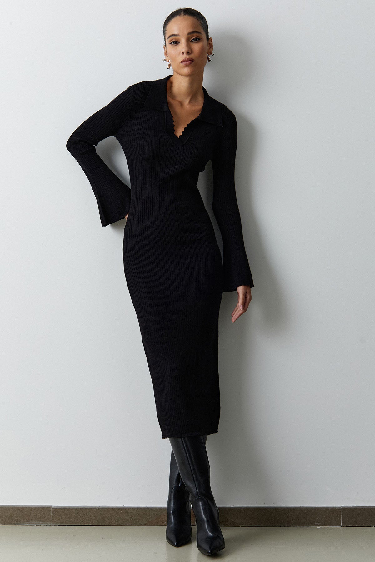 Bsb Polo V Yaka Fitilli Örgü Elbise