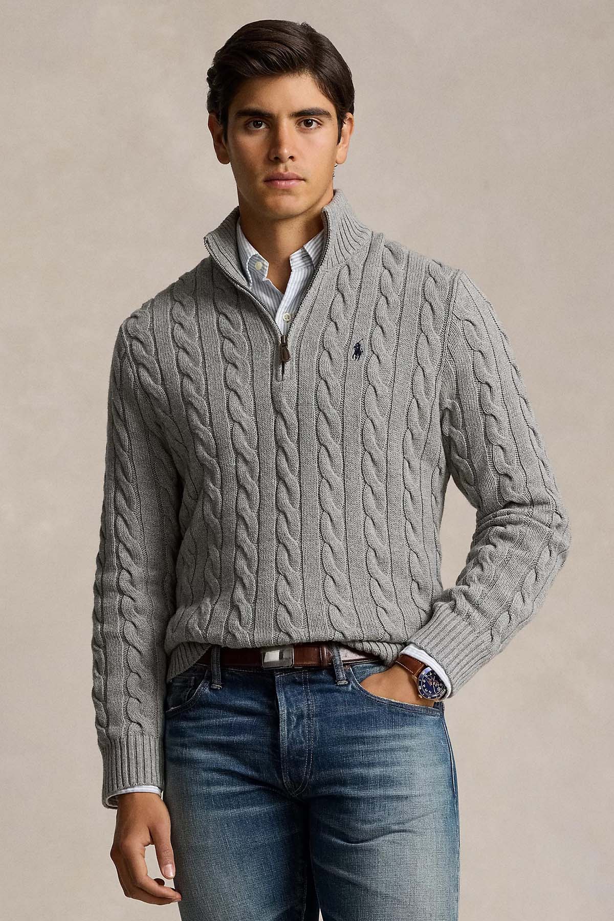 Polo Ralph Lauren Yarım Fermuarlı Dik Yaka Saç Örgü Triko