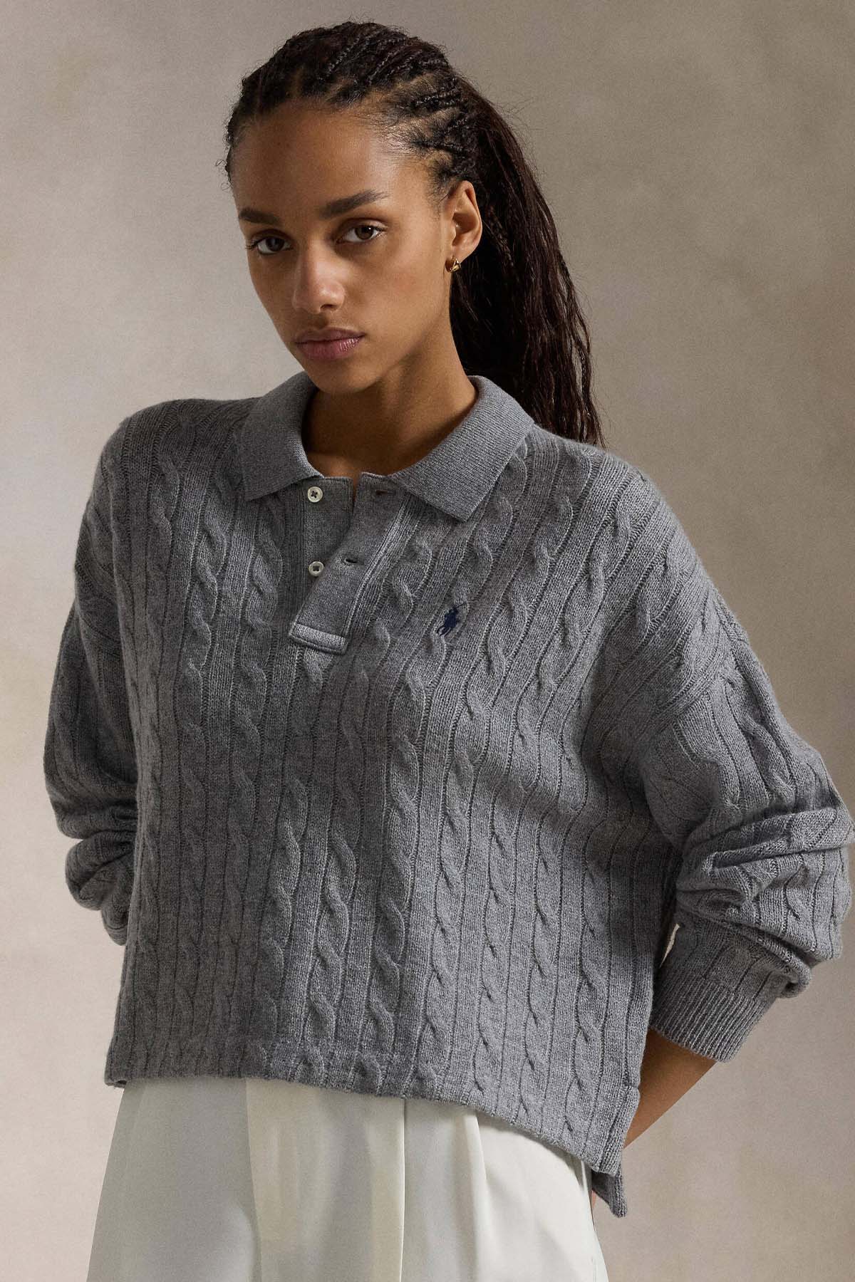 Polo Ralph Lauren Boxy Fit Polo Yaka Kaşmir Saç Örgü Yün Triko