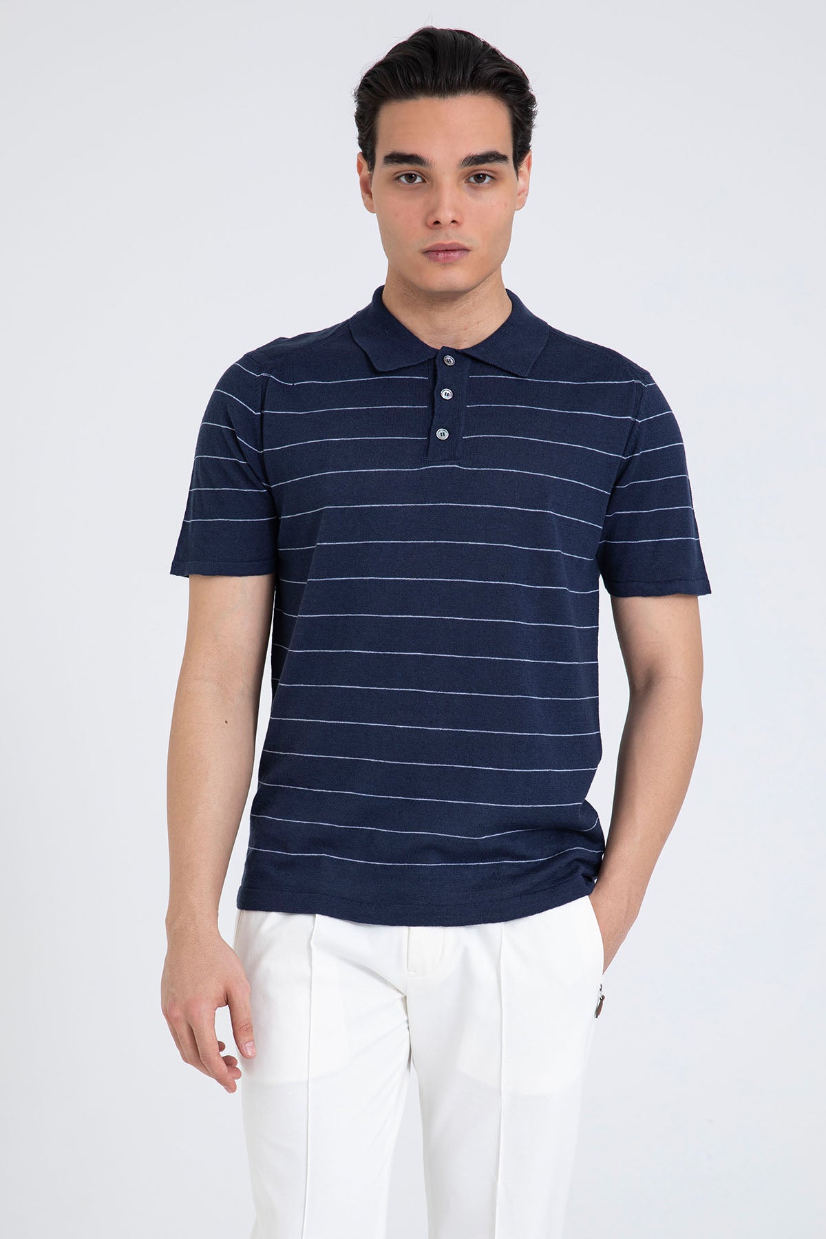 Manifattura Polo Yaka Çizgili Streç Keten Triko