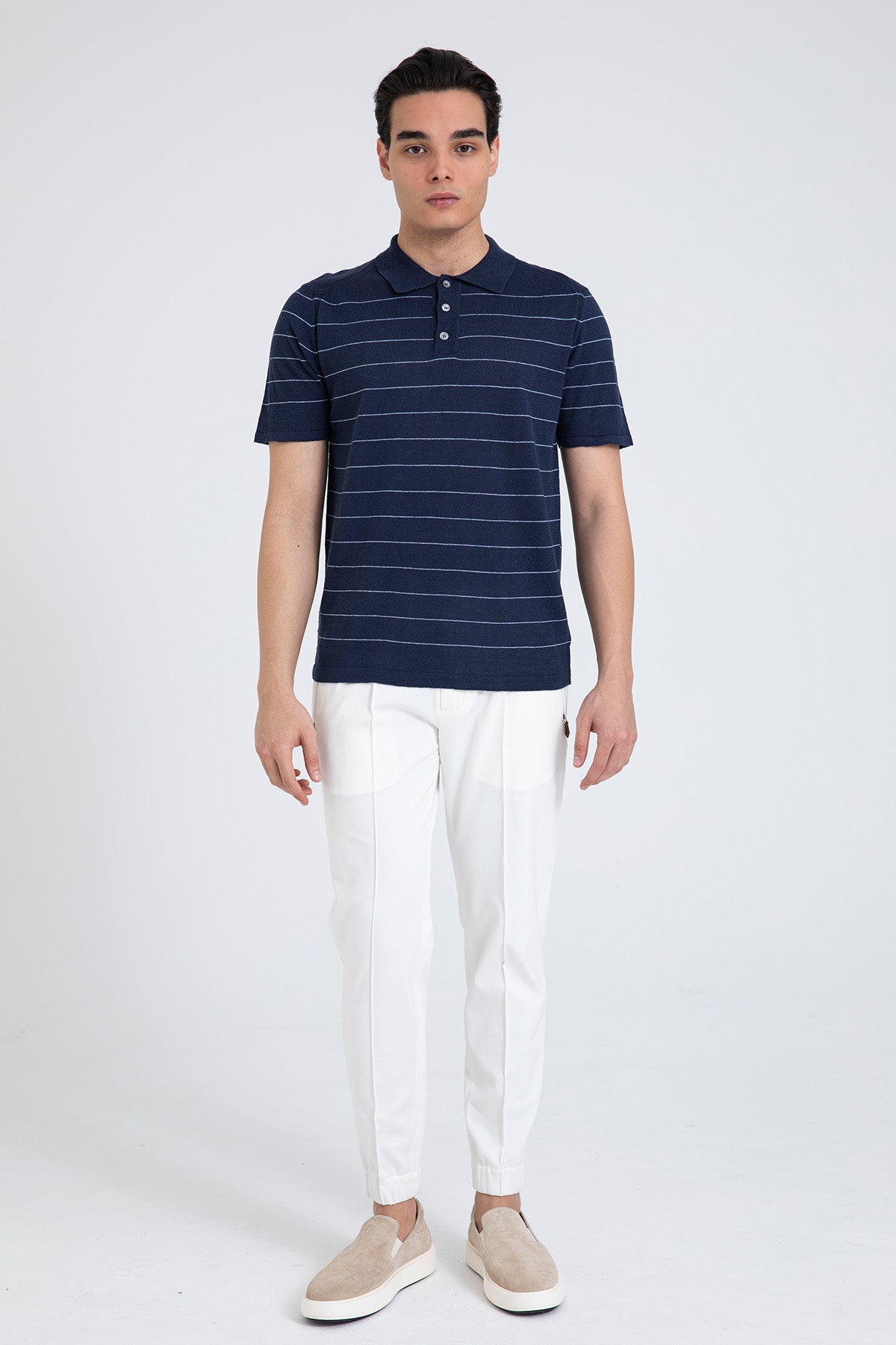 Manifattura Polo Yaka Çizgili Streç Keten Triko