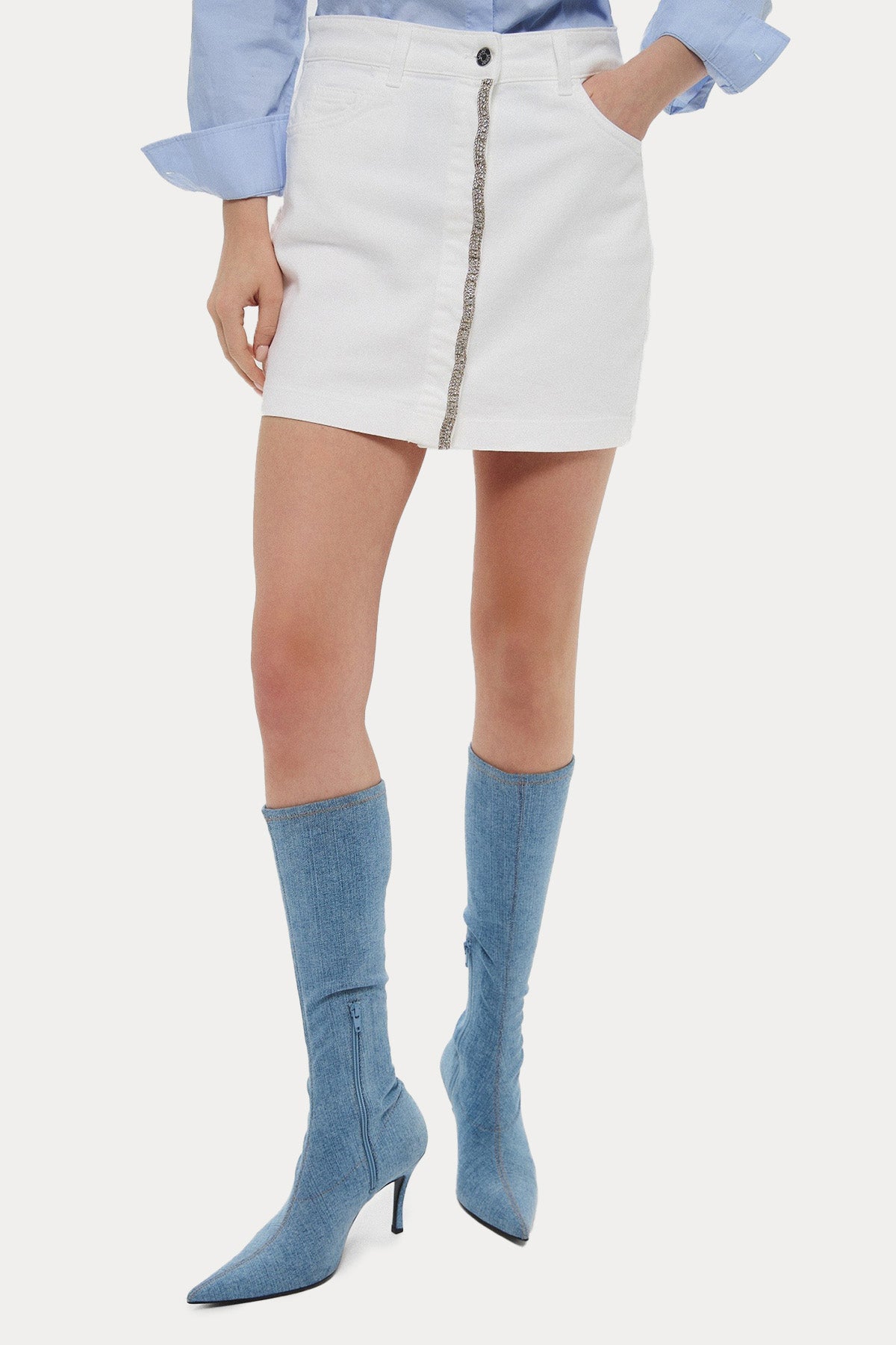 Liu Jo Parlak Taş Aksesuarlı Mini Denim Etek