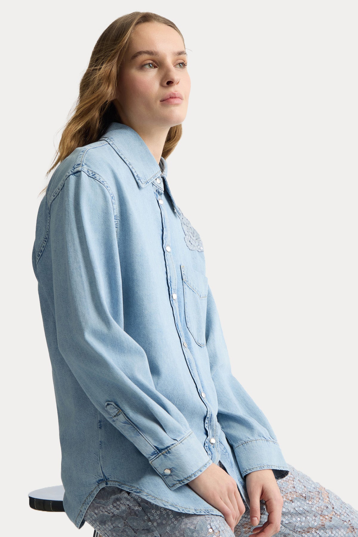 Liu Jo Relaxed Fit Dantel Nakışlı Denim Gömlek