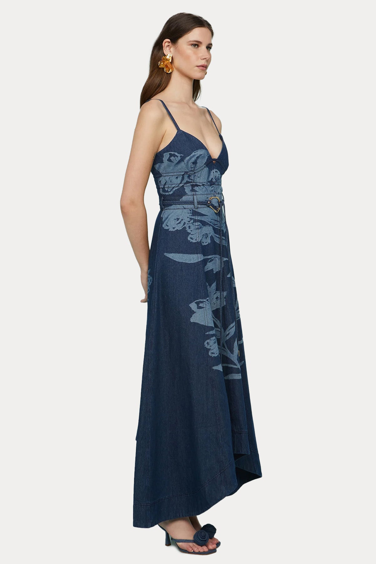 Amur Askılı Kemerli Maxi Denim Elbise