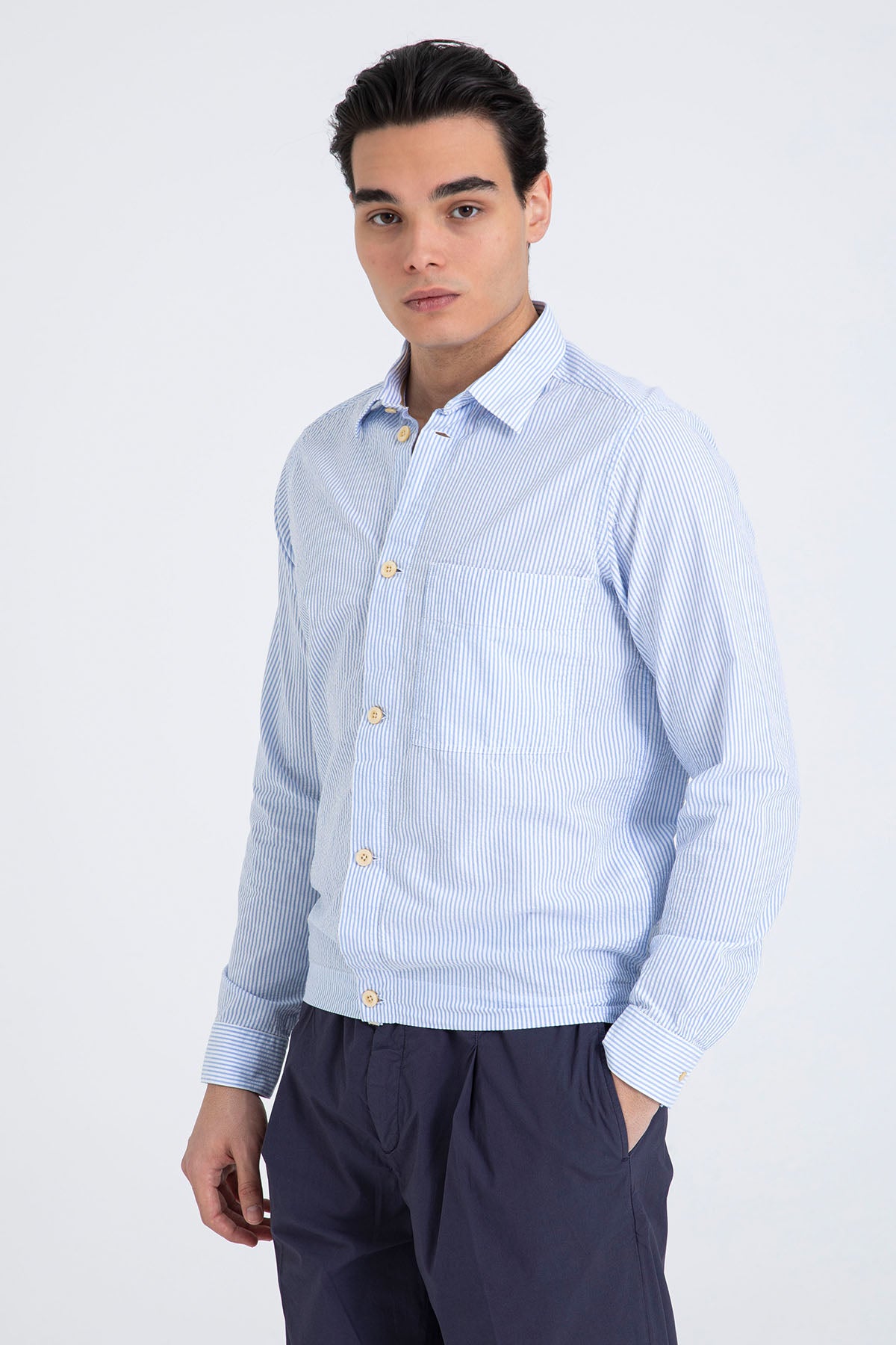 Tintoria Mattei Beli Lastikli Spor Cepli Çizgili Gömlek