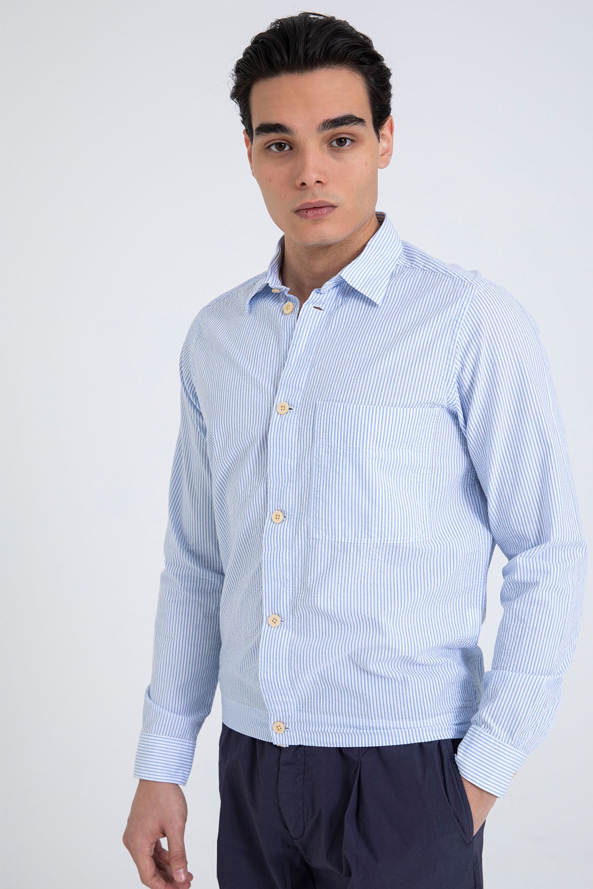 Tintoria Mattei Beli Lastikli Spor Cepli Çizgili Gömlek