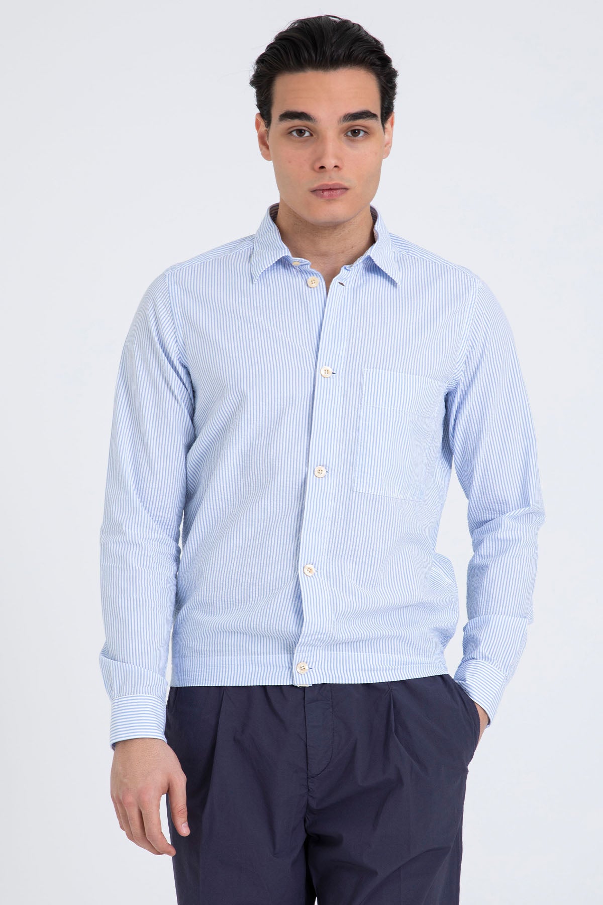 Tintoria Mattei Beli Lastikli Spor Cepli Çizgili Gömlek