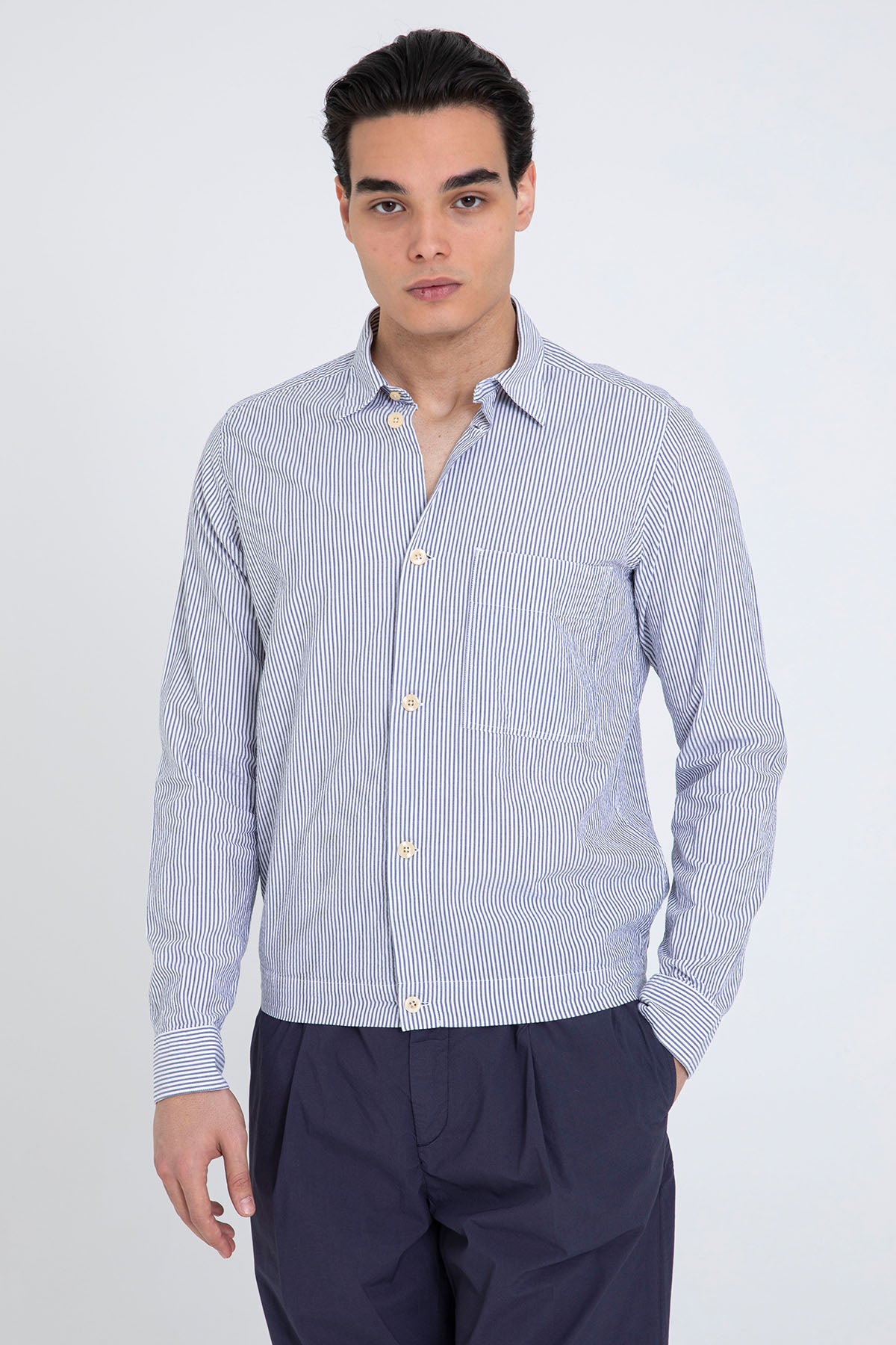 Tintoria Mattei Beli Lastikli Spor Cepli Çizgili Gömlek