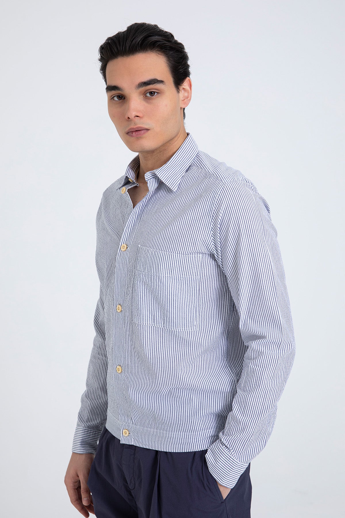 Tintoria Mattei Beli Lastikli Spor Cepli Çizgili Gömlek