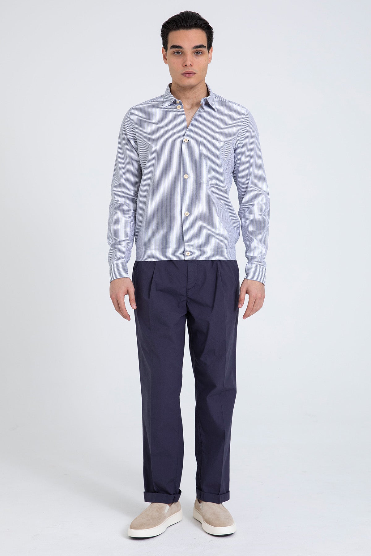 Tintoria Mattei Beli Lastikli Spor Cepli Çizgili Gömlek