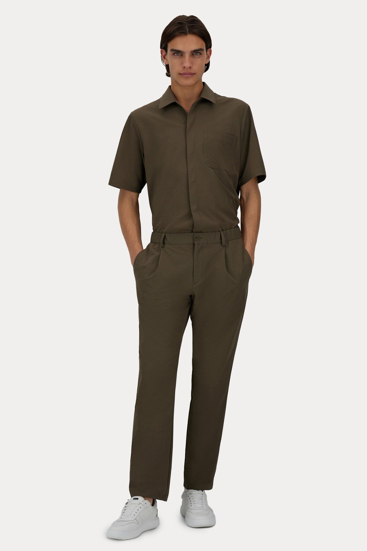 Herno Regular Fit Dokulu Kumaş Tek Pile Beli Lastikli Pantolon