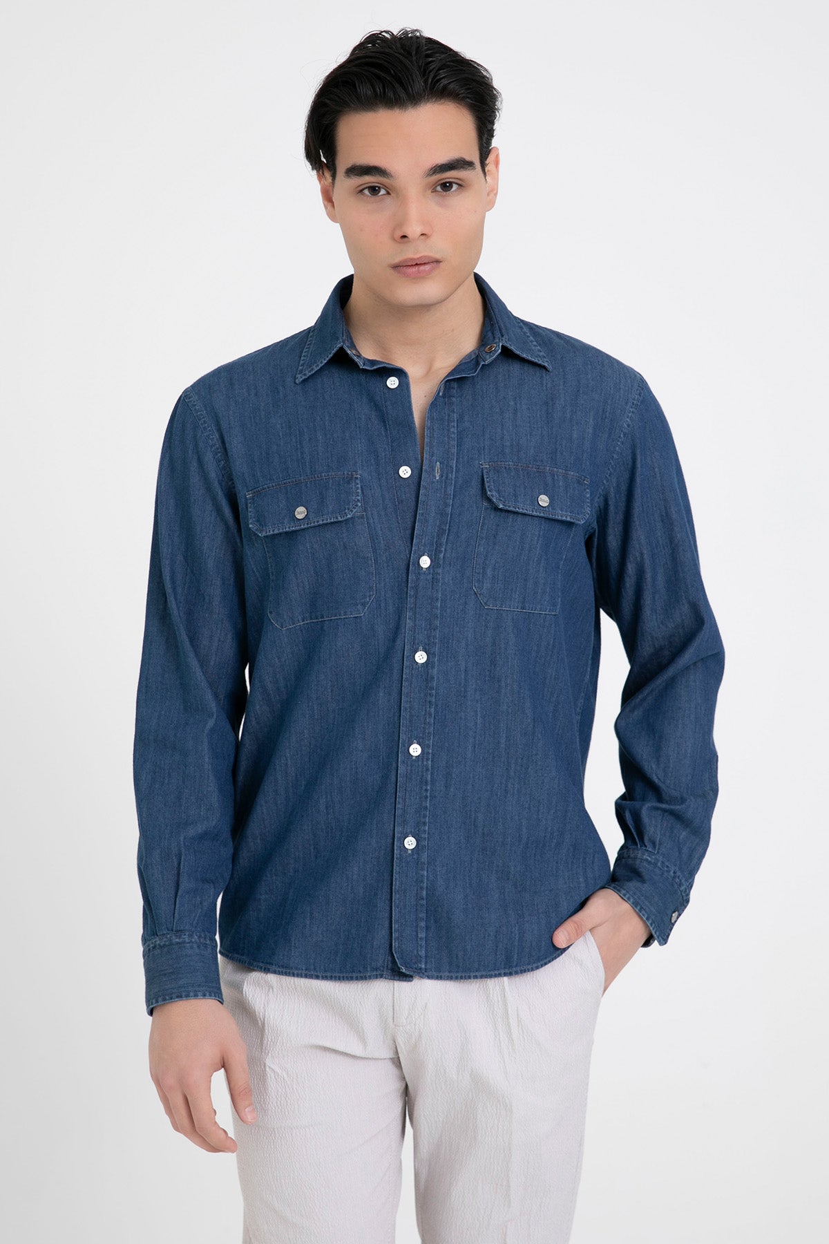 Herno Cep Detaylı Klasik Yaka Denim Gömlek