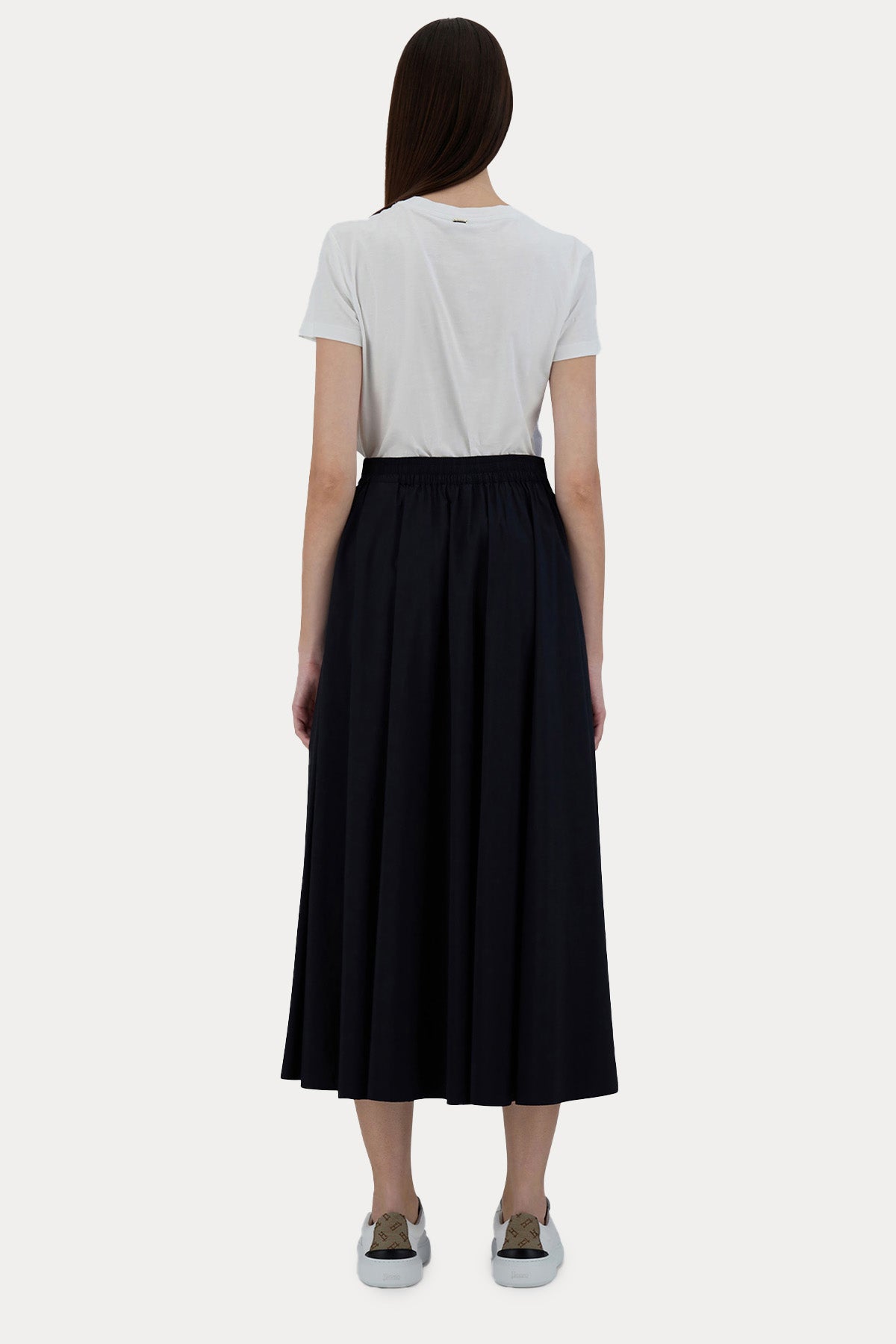 Herno Beli Lastikli Yandan Cepli Pileli Streç Midi Etek