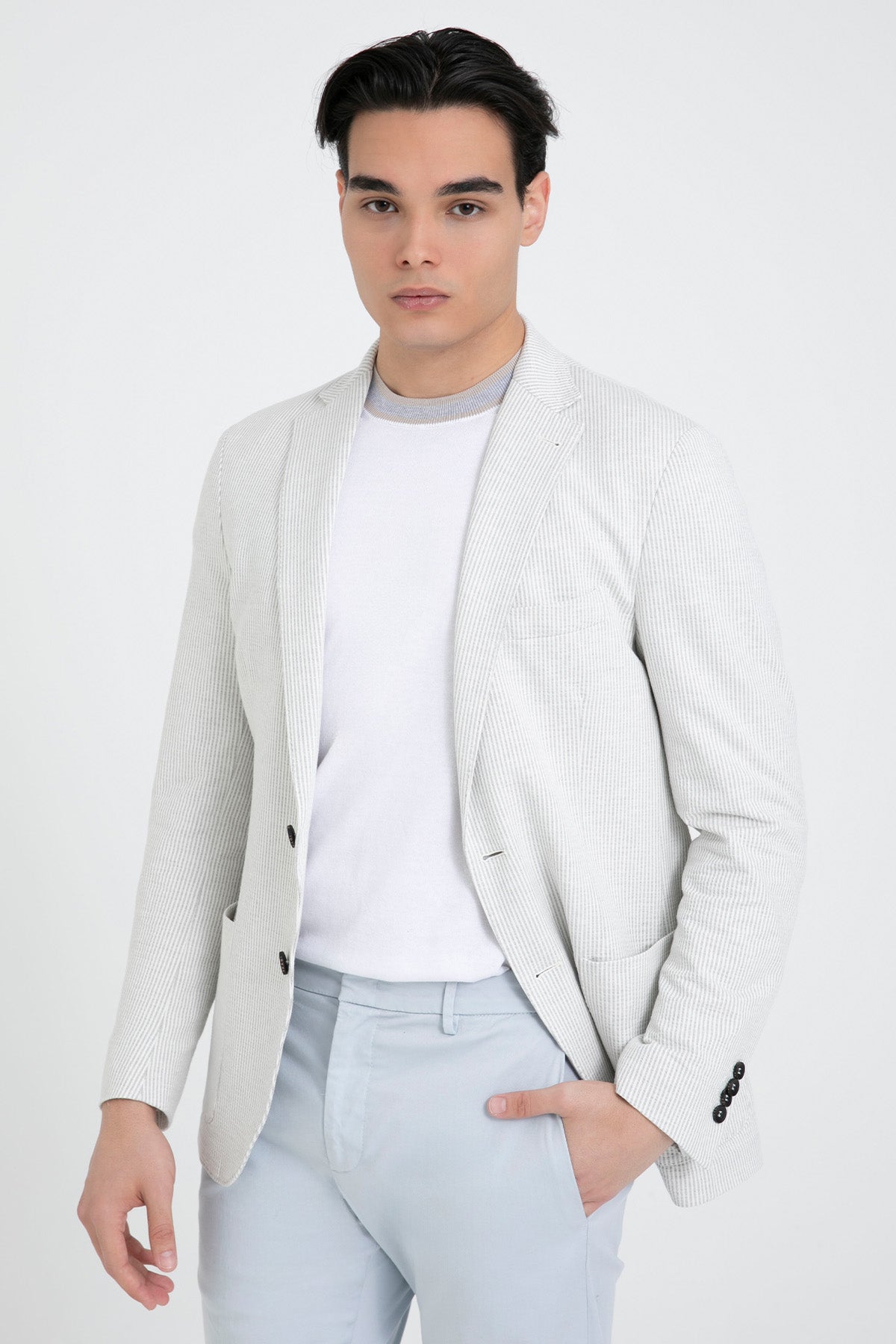 Fradi Çizgili Streç Keten Blazer Ceket