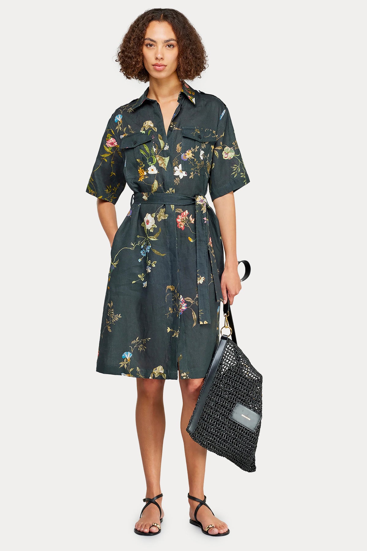 Semicouture Kemerli Keten Midi Gömlek Elbise