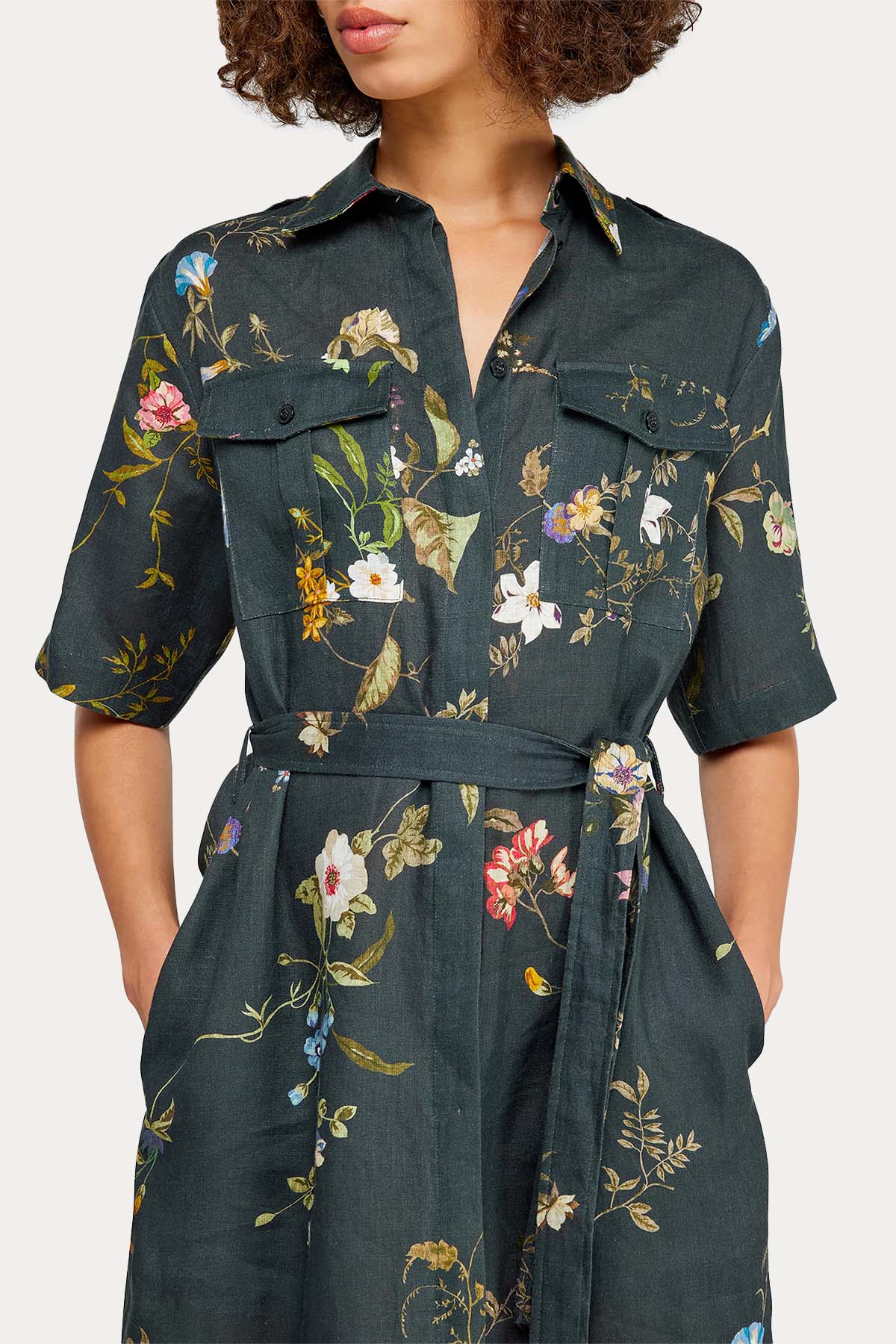 Semicouture Kemerli Keten Midi Gömlek Elbise