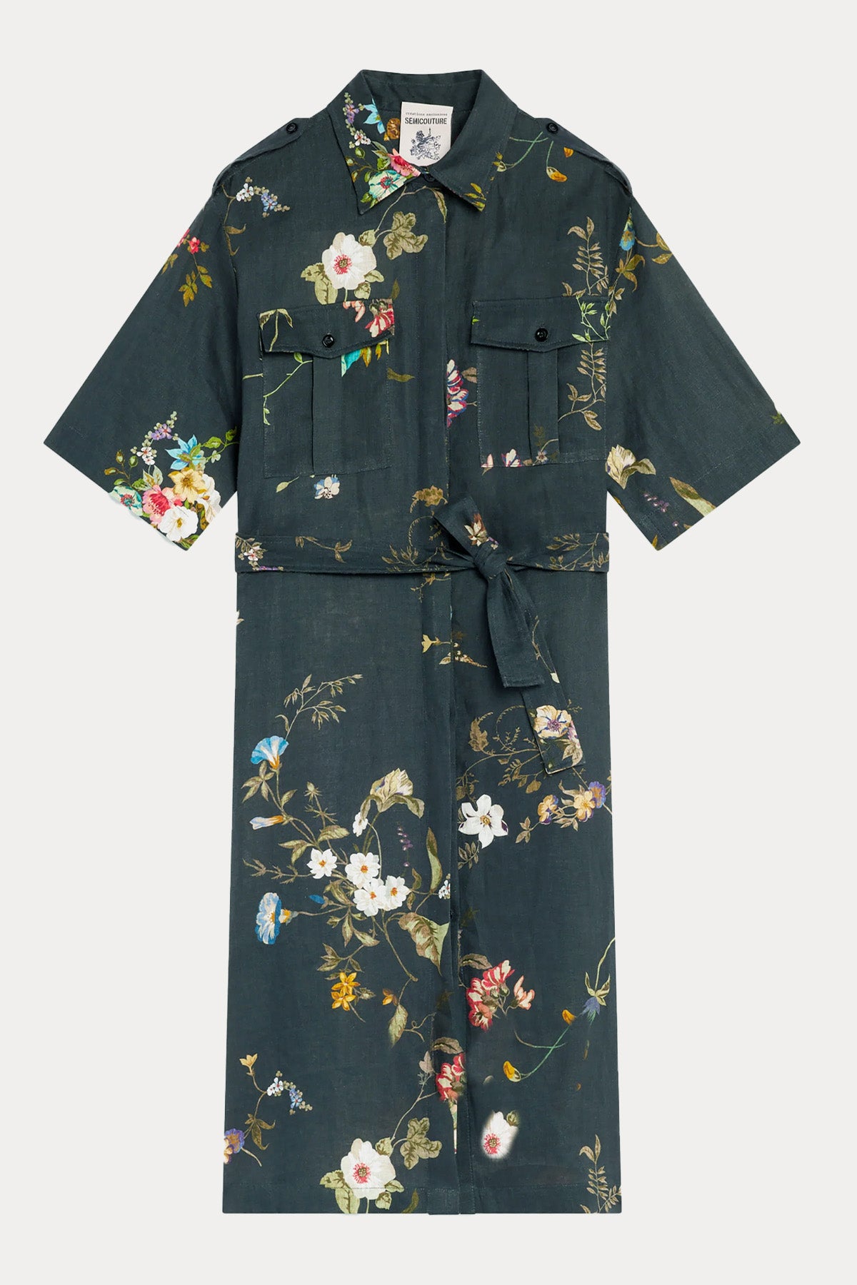 Semicouture Kemerli Keten Midi Gömlek Elbise