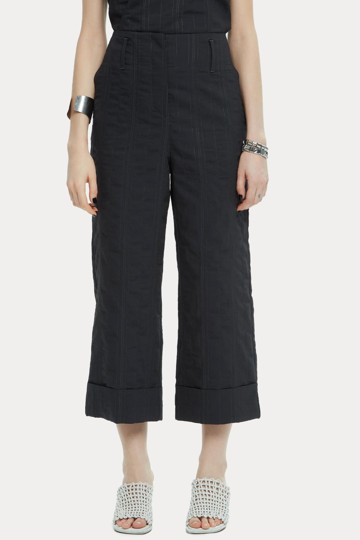 Ixos Regular Fit Yüksek Belli Çizgili Crop Pantolon-Pantolon-Libas