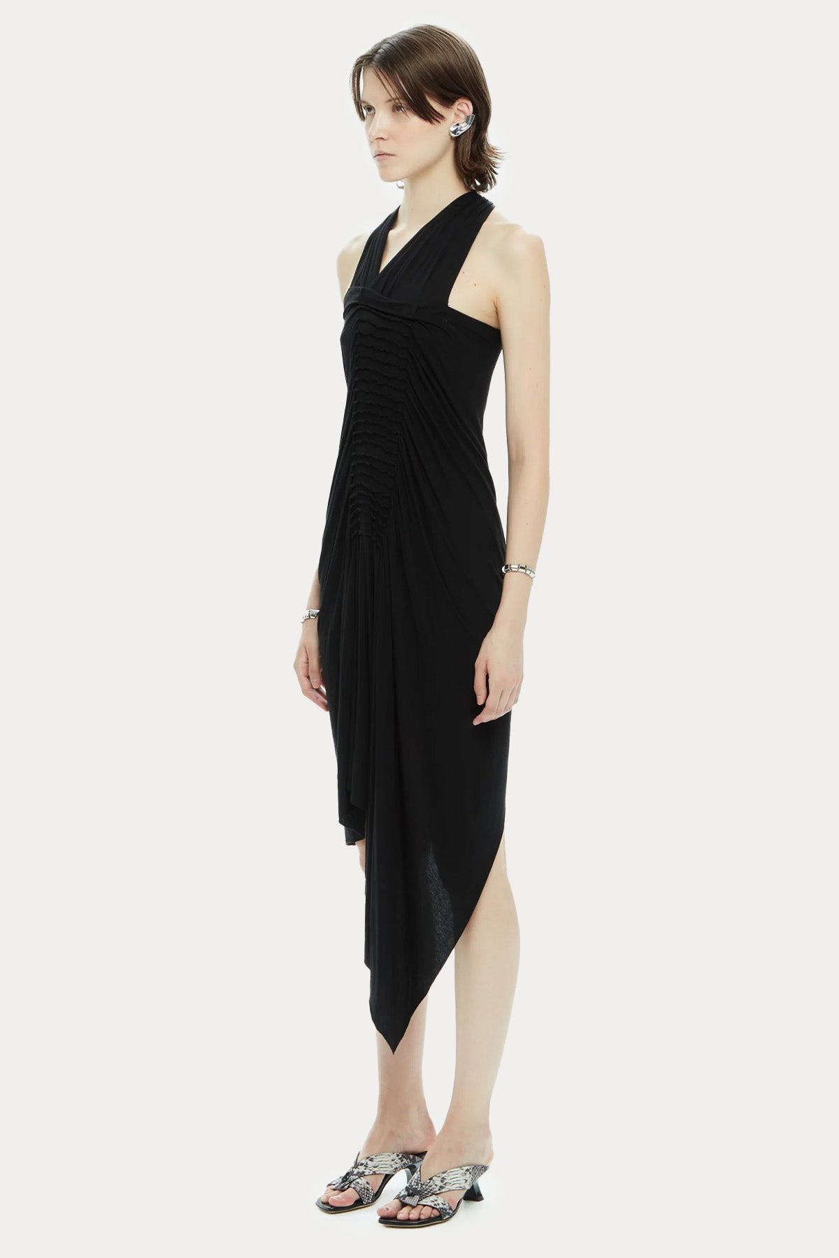 Ixos V Yaka Asimetrik Kesim Streç Midi Elbise