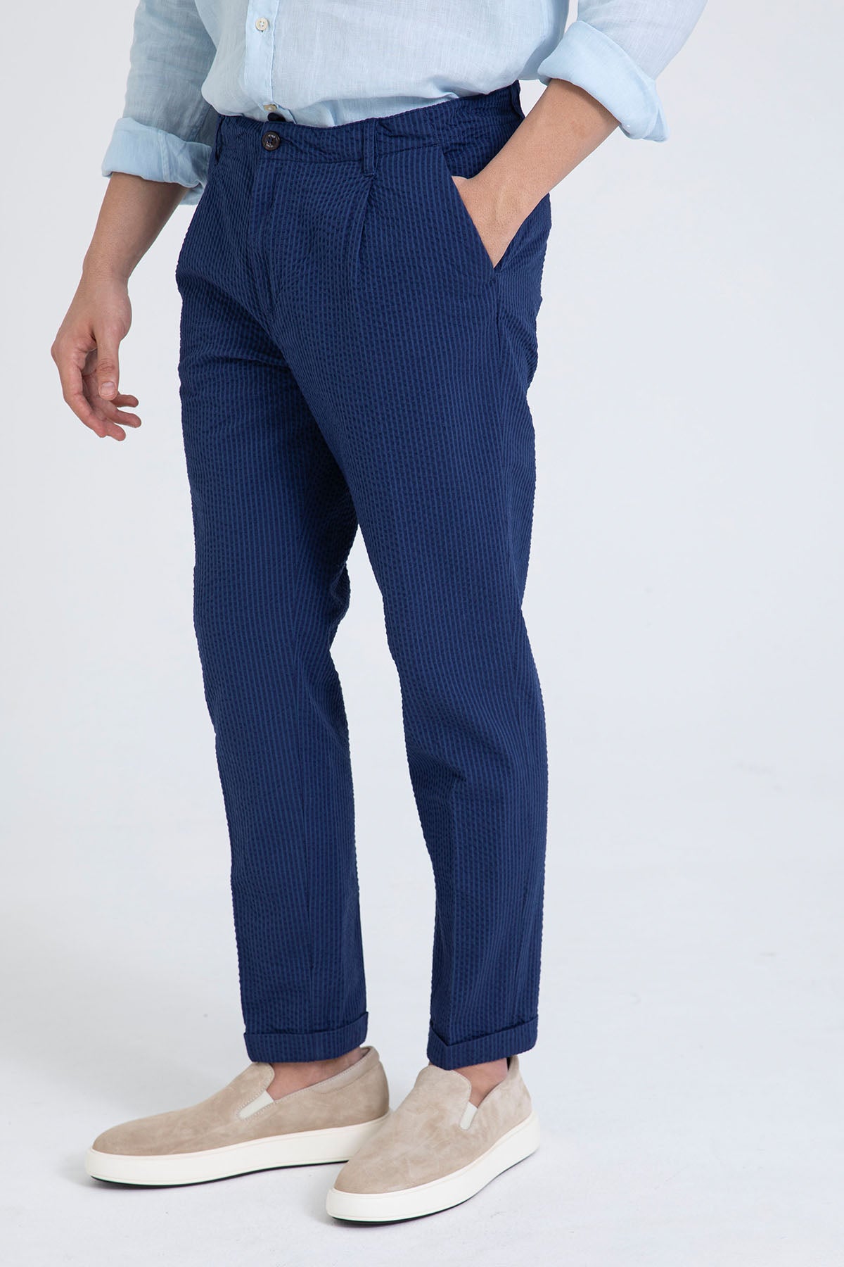 40 Weft Joec Seersucker Kumaş Tek Pile Yandan Cepli Pantolon