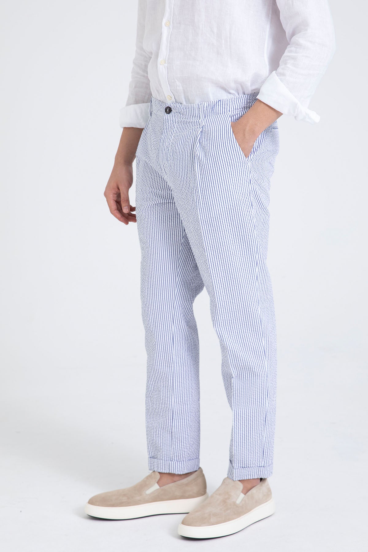 40 Weft Joec Seersucker Kumaş Tek Pile Yandan Cepli Pantolon