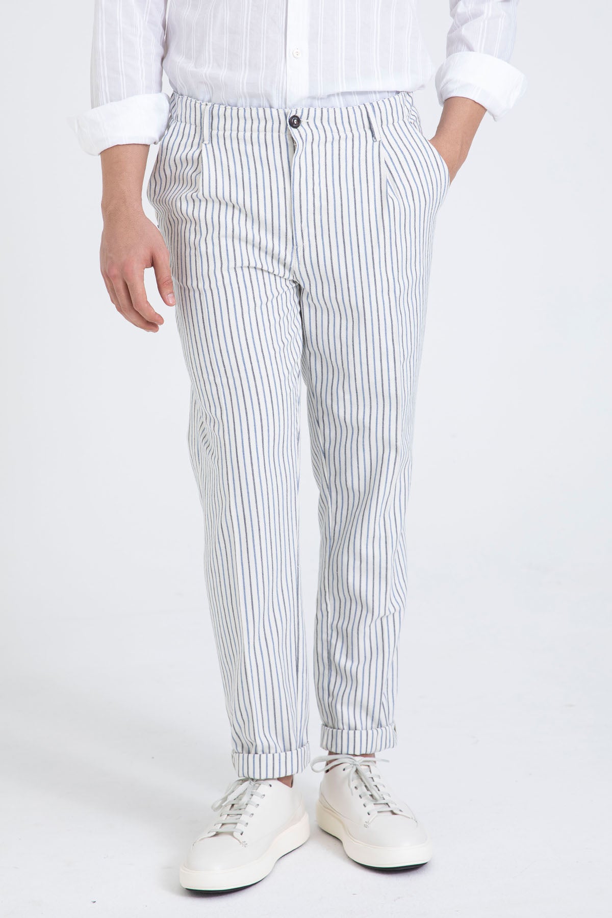 40 Weft Joec Çizgili Tek Pile Yandan Cepli Pantolon