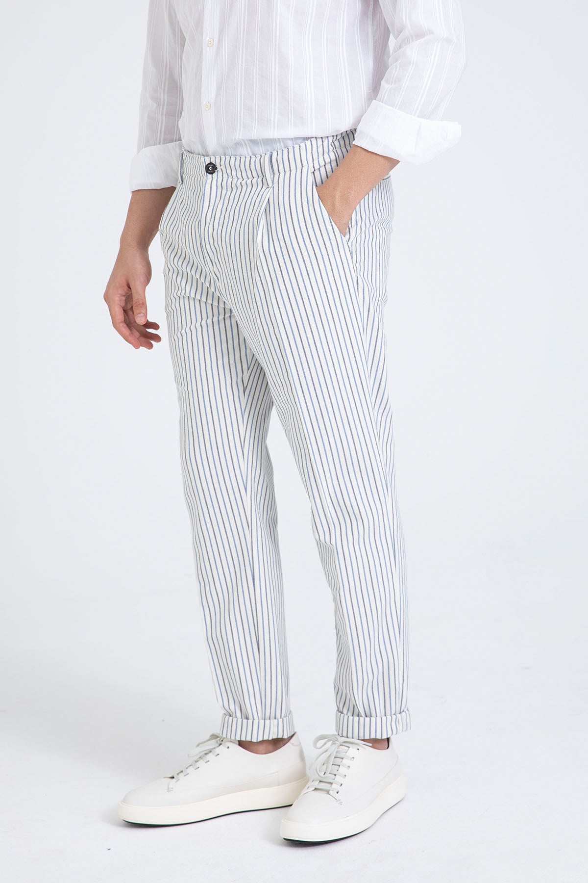 40 Weft Joec Çizgili Tek Pile Yandan Cepli Pantolon