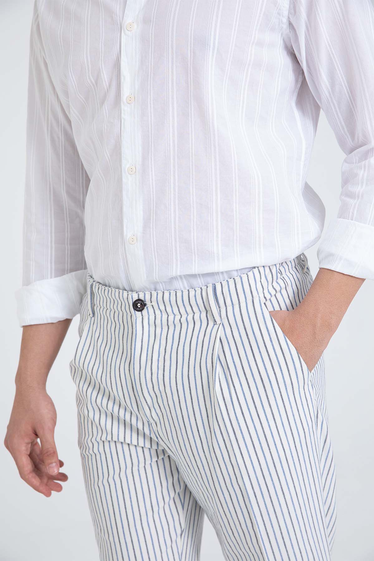 40 Weft Joec Çizgili Tek Pile Yandan Cepli Pantolon