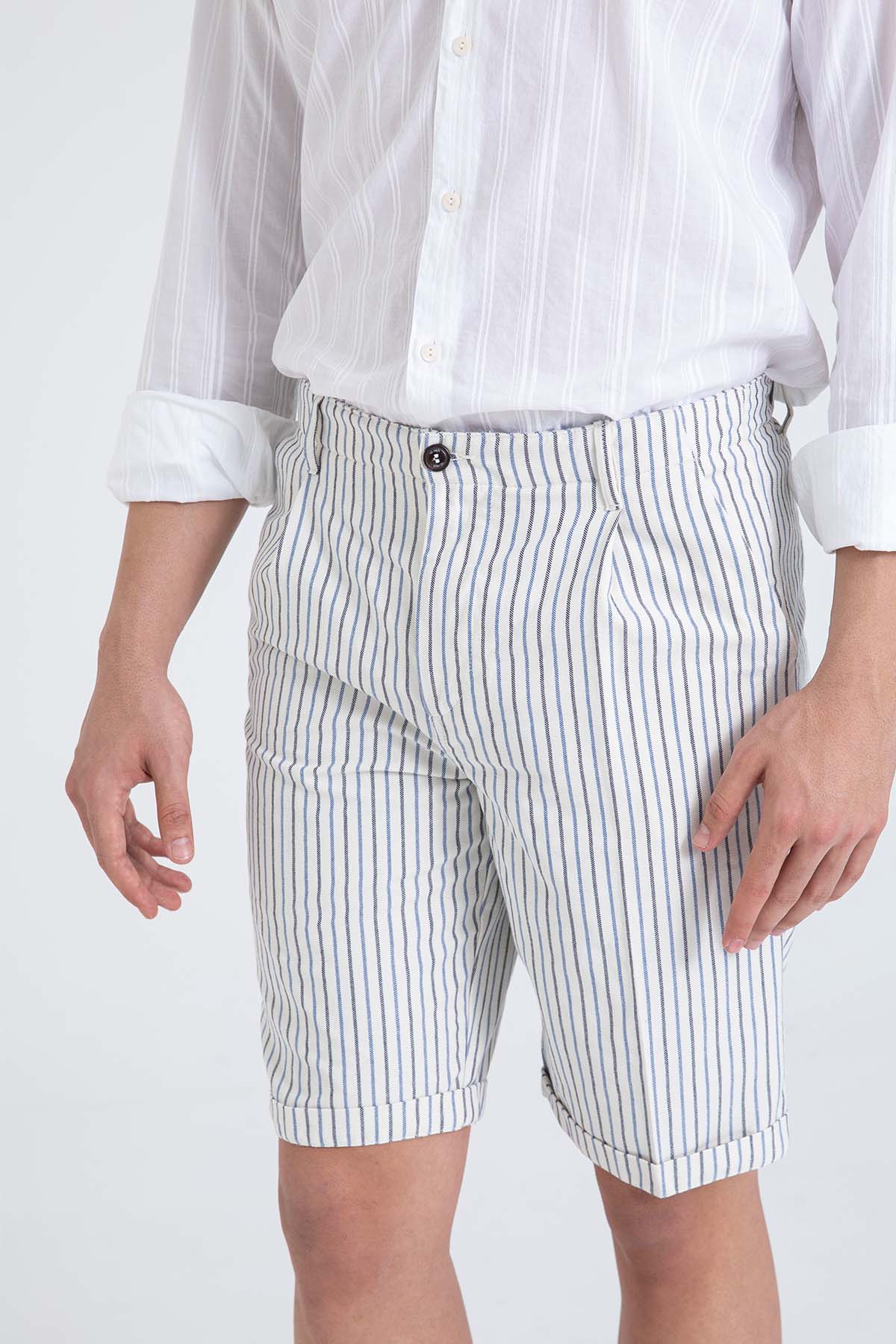 40 Weft Joecbe Çizgili Tek Pile Yandan Cepli Şort