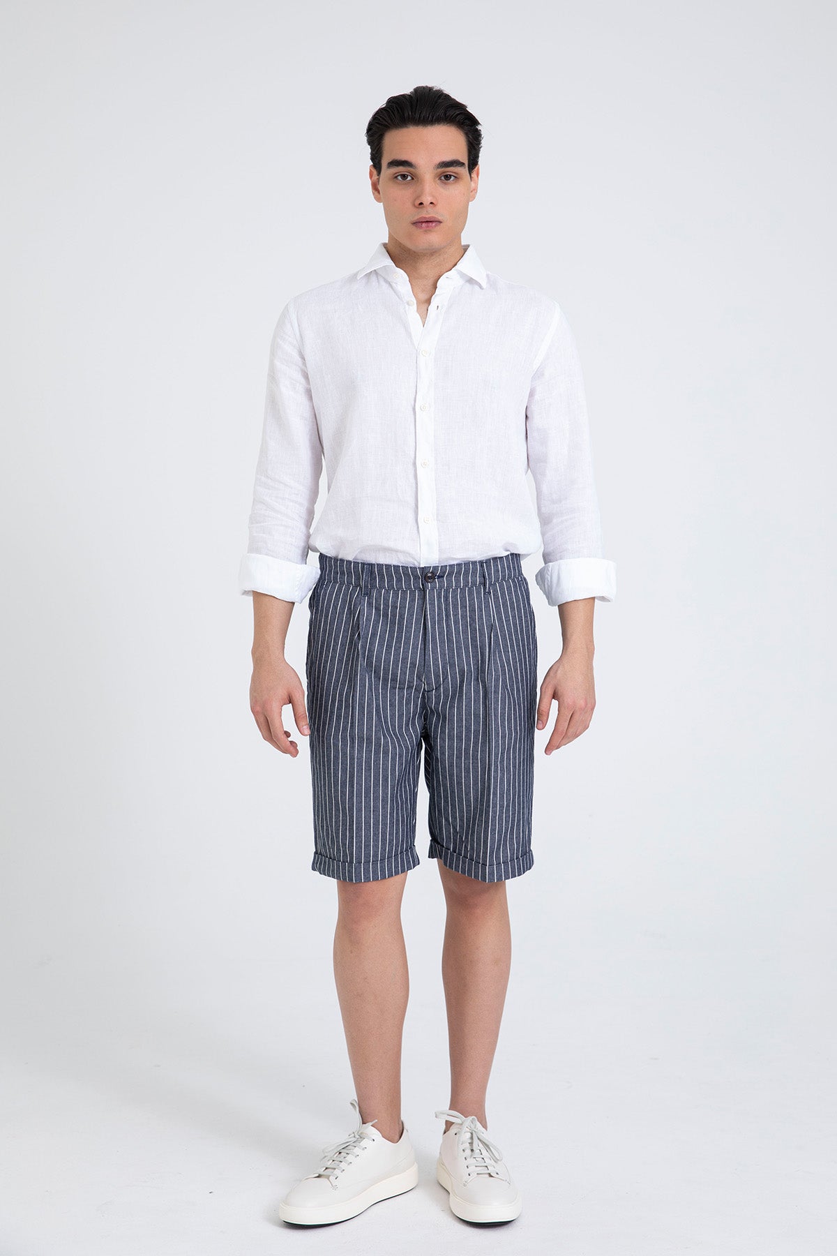 40 Weft Ronanbe Çizgili Tek Pile Yandan Cepli Şort