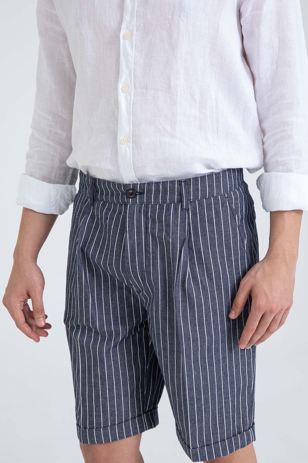 40 Weft Ronanbe Çizgili Tek Pile Yandan Cepli Şort