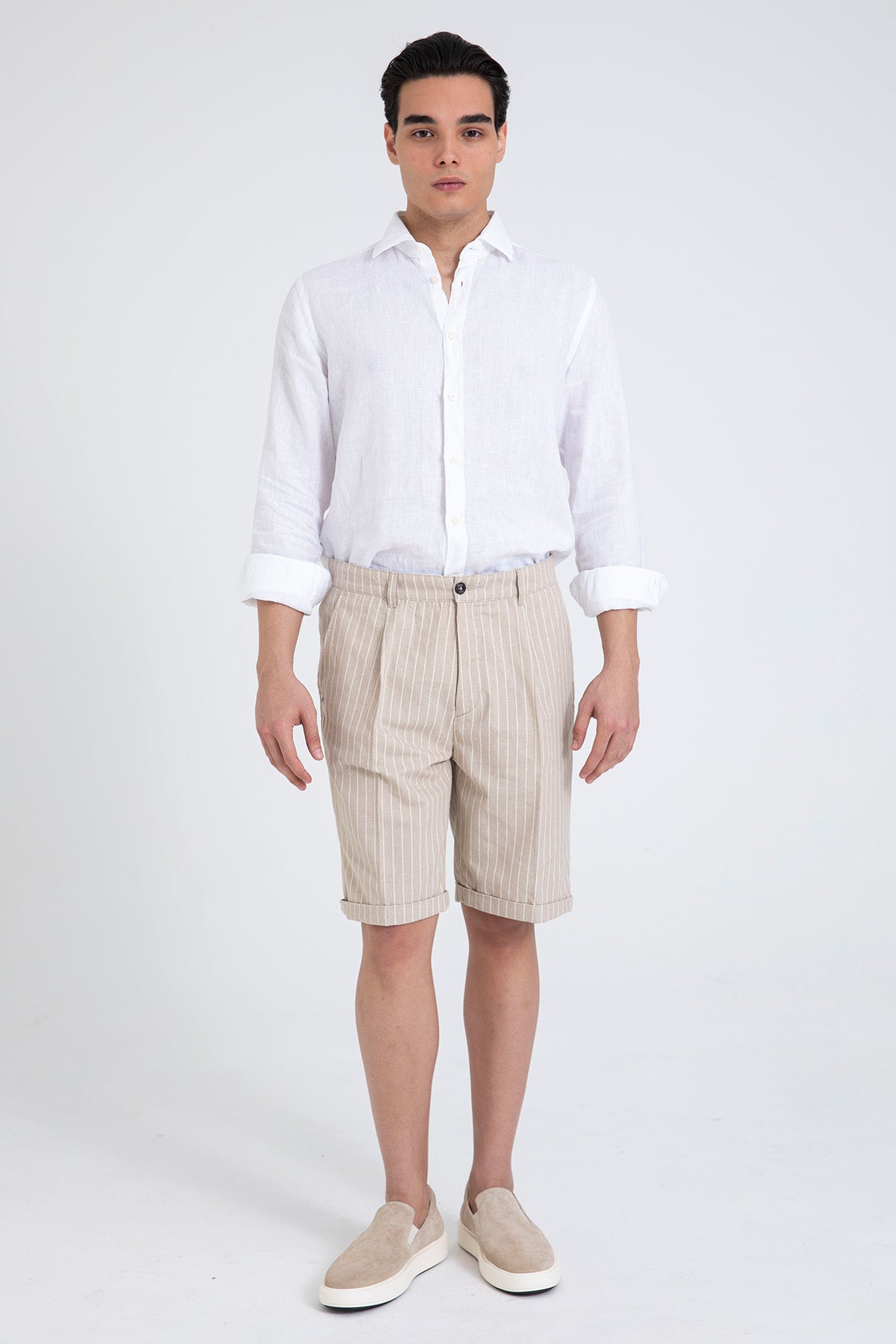 40 Weft Ronanbe Çizgili Tek Pile Yandan Cepli Şort