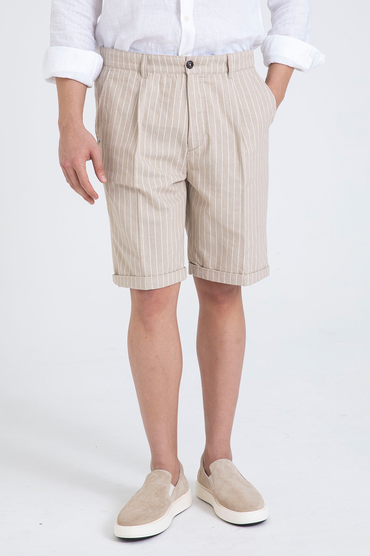 40 Weft Ronanbe Çizgili Tek Pile Yandan Cepli Şort