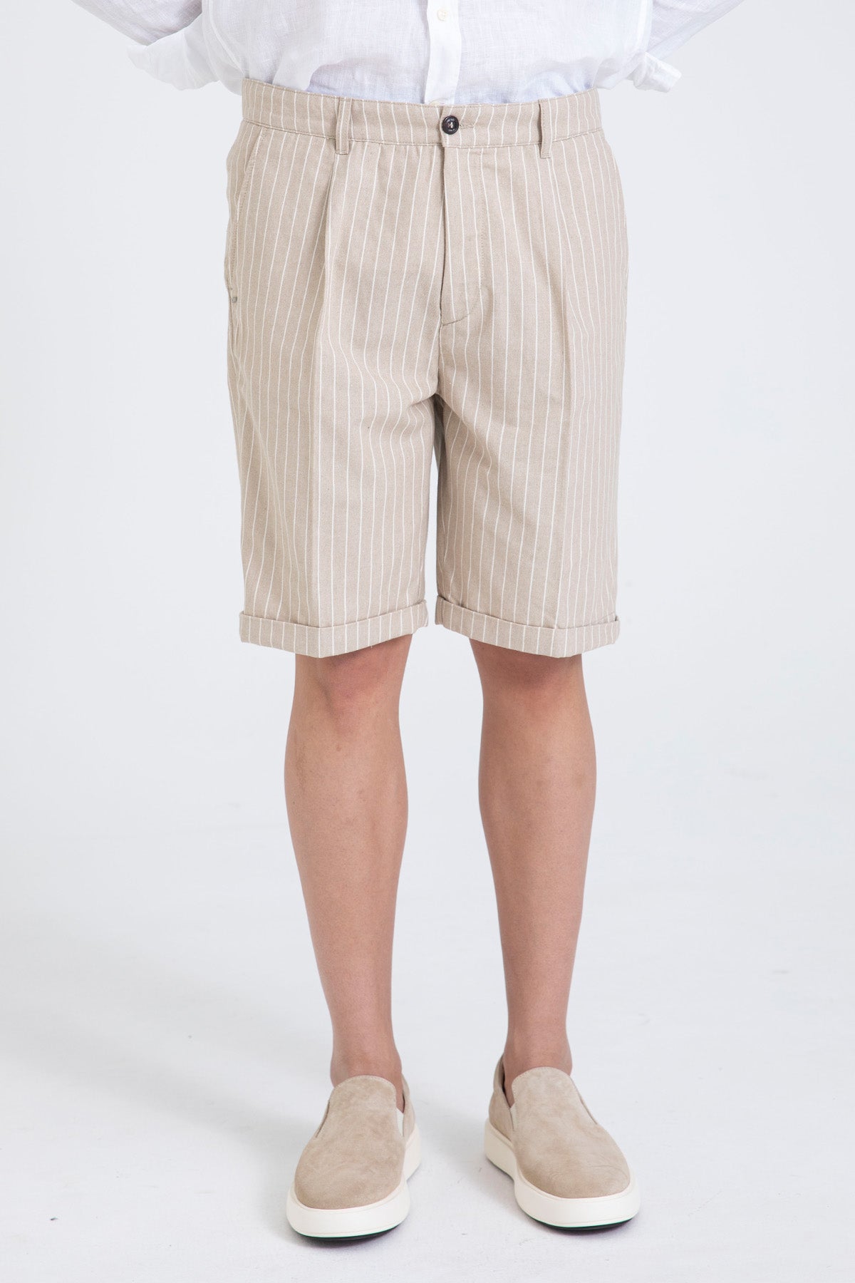 40 Weft Ronanbe Çizgili Tek Pile Yandan Cepli Şort