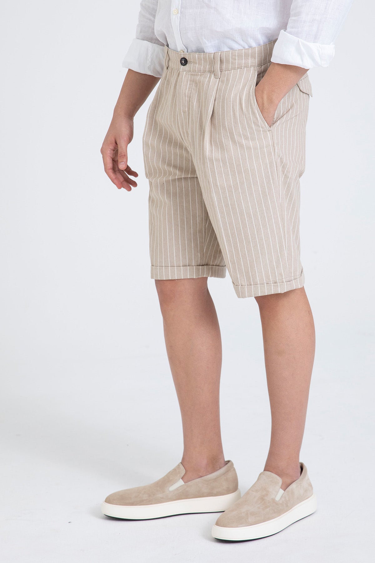 40 Weft Ronanbe Çizgili Tek Pile Yandan Cepli Şort