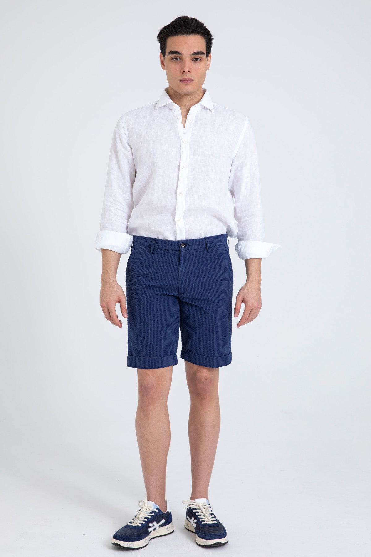 40 Weft Sergentbe İnce Çizgili Seersucker Kumaş Yandan Cepli Şort