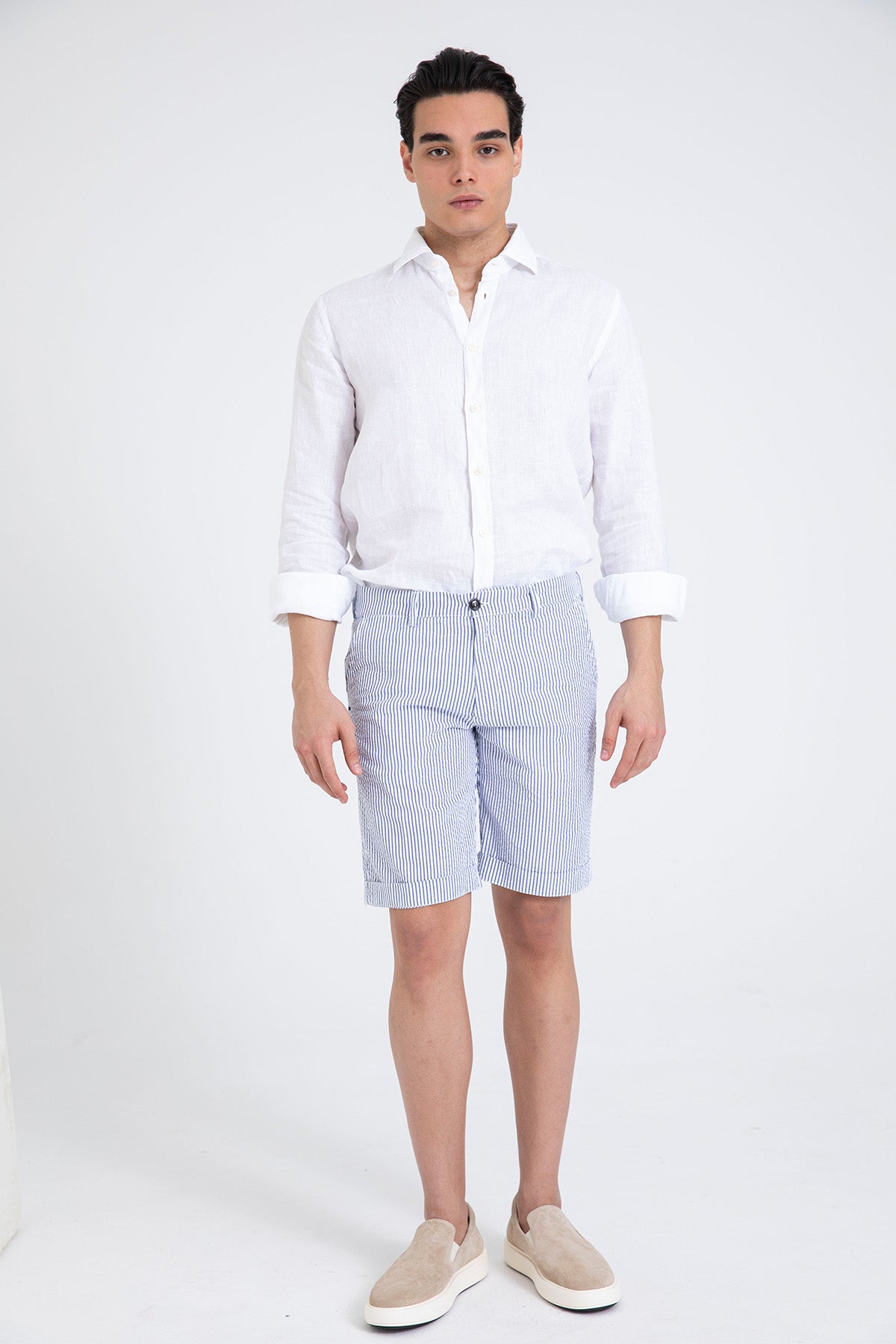 40 Weft Sergentbe İnce Çizgili Seersucker Kumaş Yandan Cepli Şort