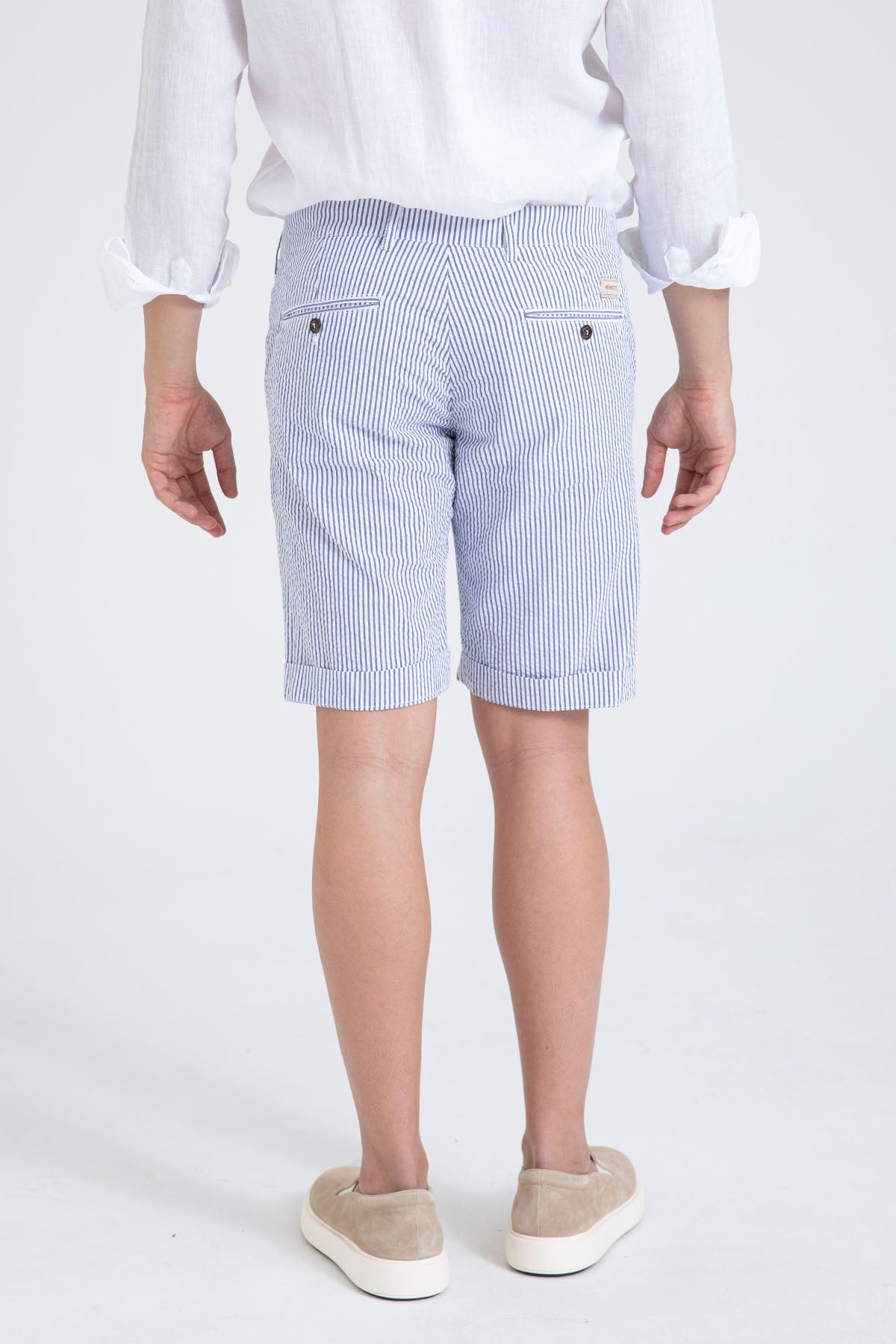 40 Weft Sergentbe İnce Çizgili Seersucker Kumaş Yandan Cepli Şort