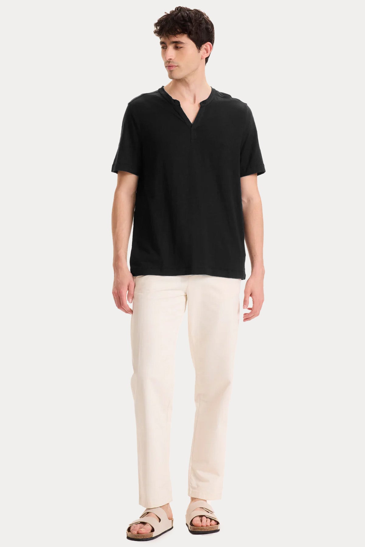 Majestic Relaxed Fit Hakim V Yaka Streç Keten T-shirt