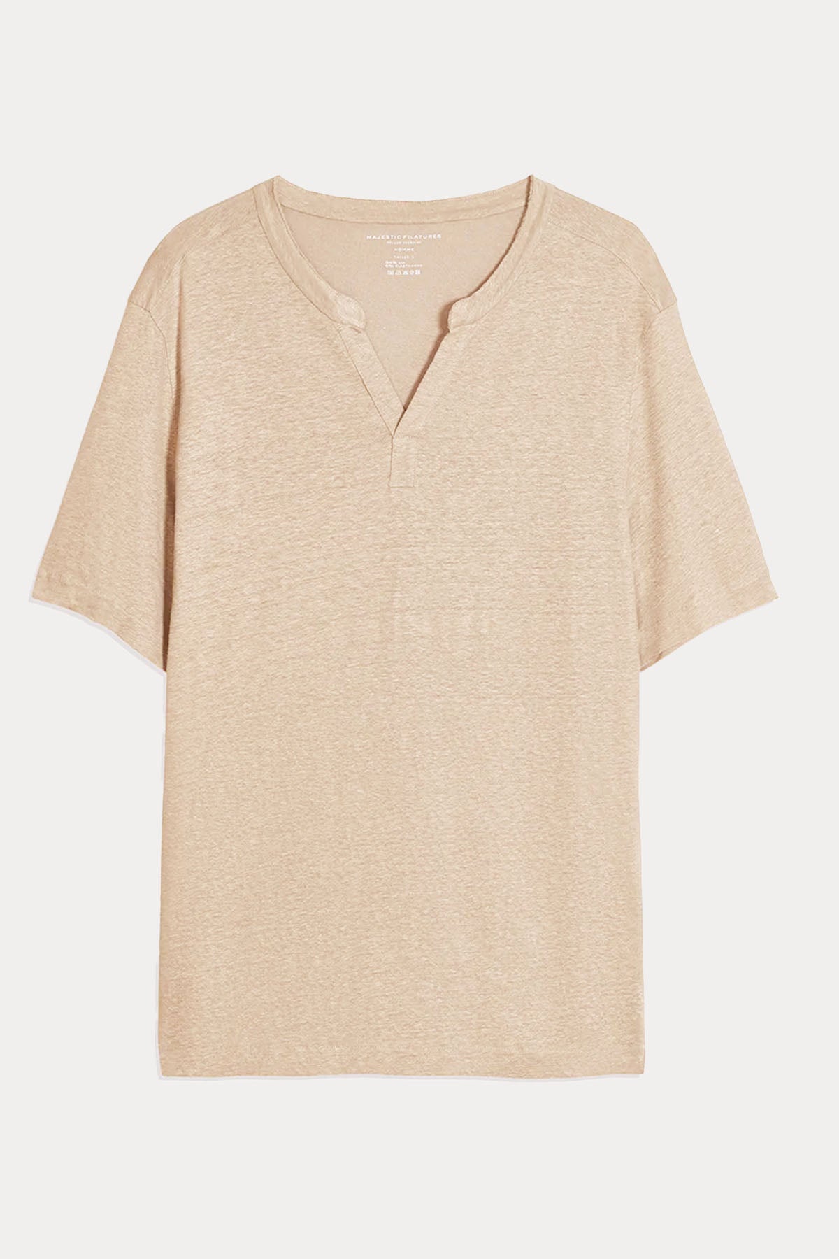 Majestic Relaxed Fit Hakim V Yaka Streç Keten T-shirt