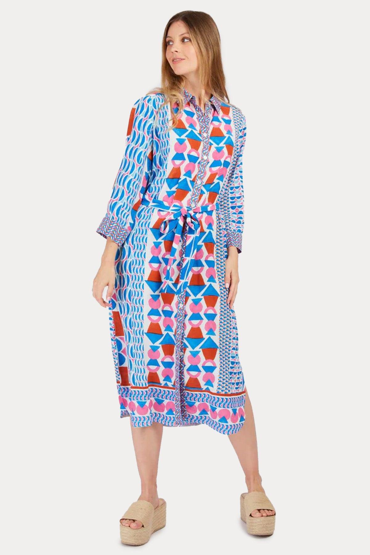 Rene Derhy Palazzo Geometrik Desenli Midi Gömlek Elbise