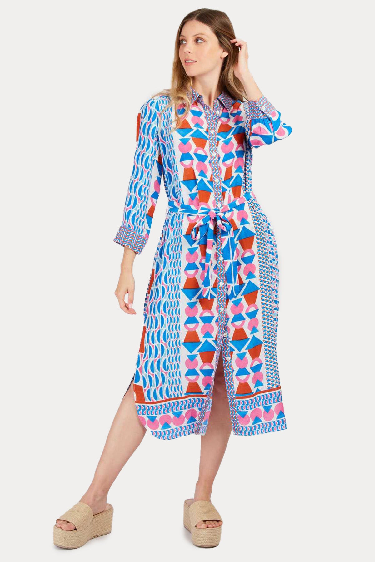 Rene Derhy Palazzo Geometrik Desenli Midi Gömlek Elbise