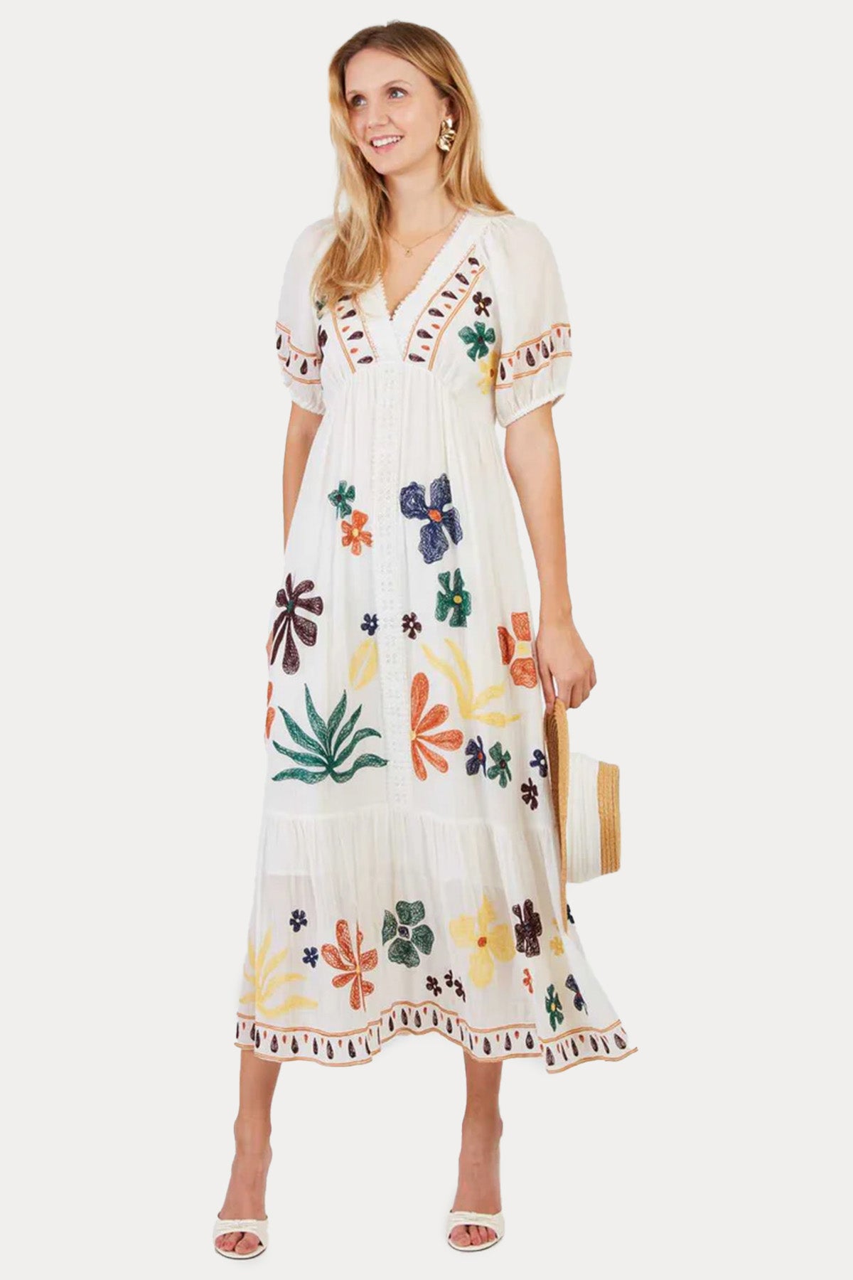 Rene Derhy Chimene Renkli Nakış Desenli Midi Elbise