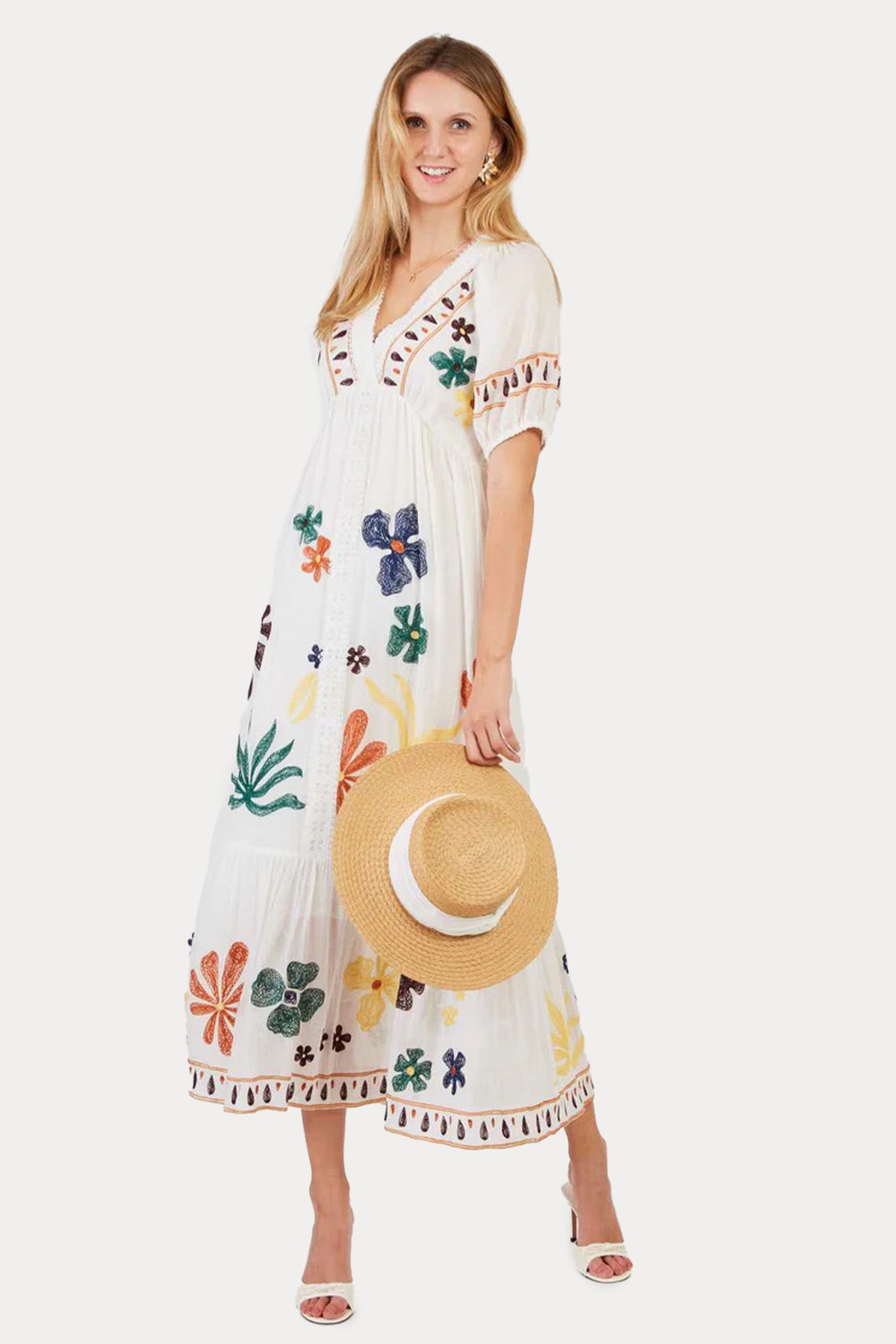 Rene Derhy Chimene Renkli Nakış Desenli Midi Elbise