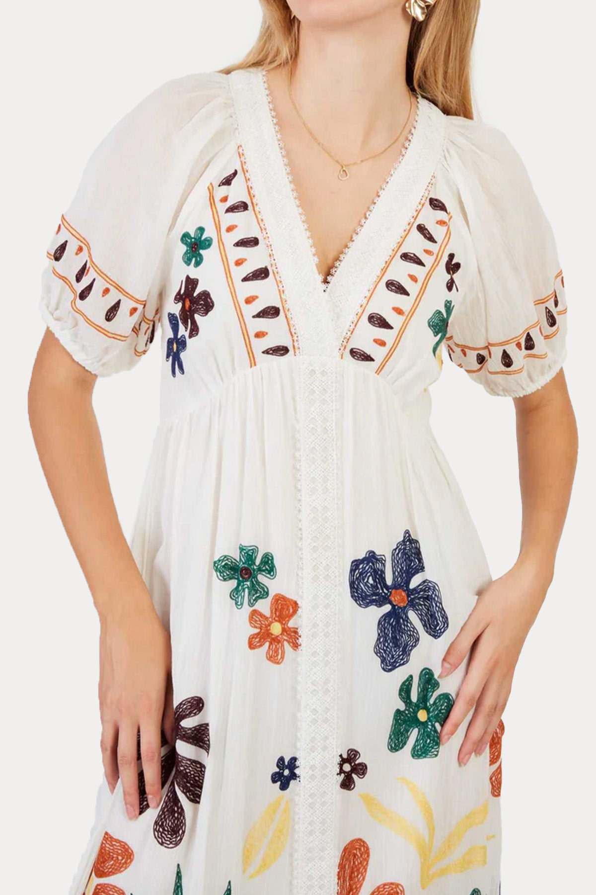 Rene Derhy Chimene Renkli Nakış Desenli Midi Elbise