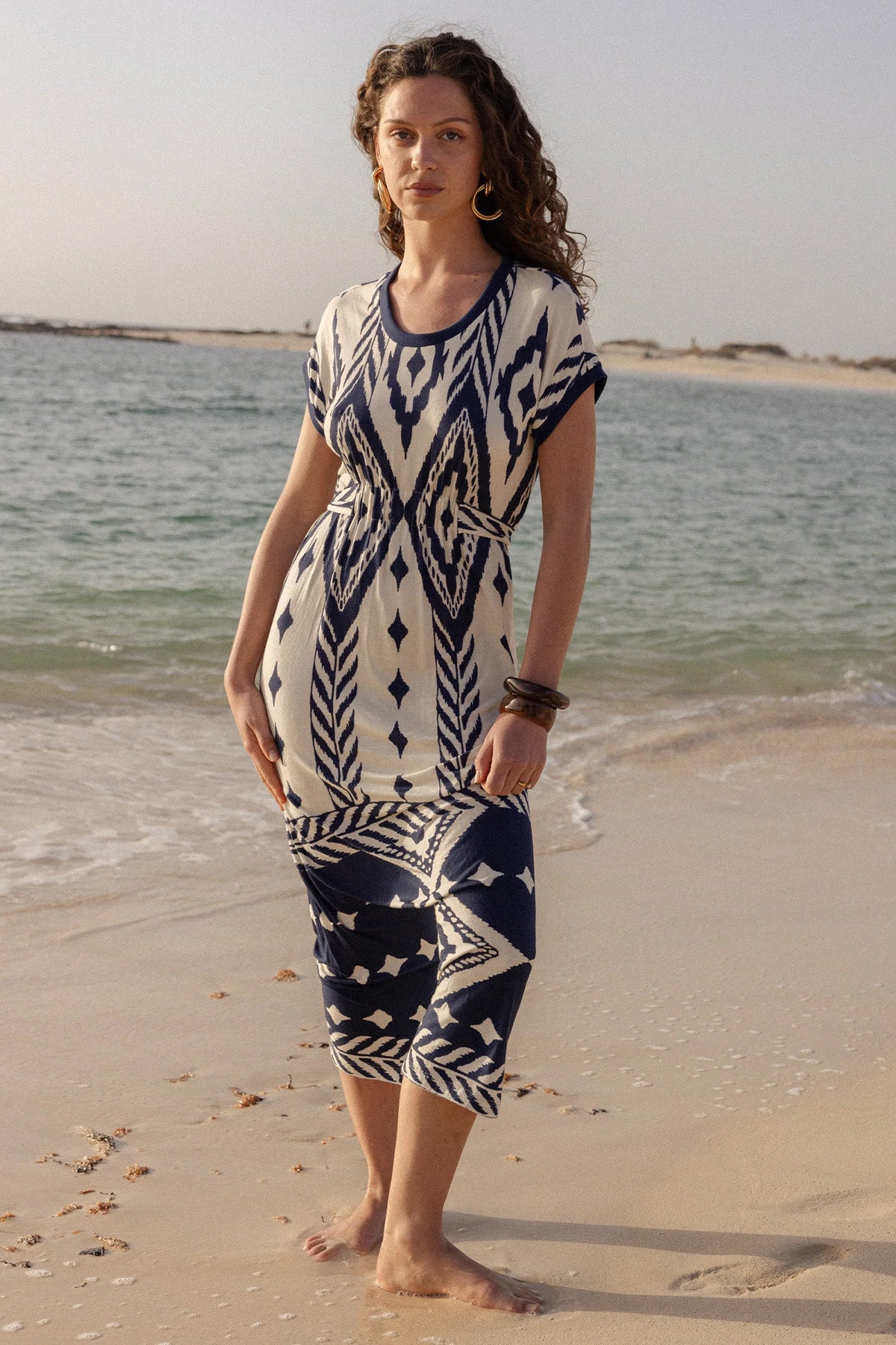 Rene Derhy Pivert Beli Lastikli Desenli Midi Elbise