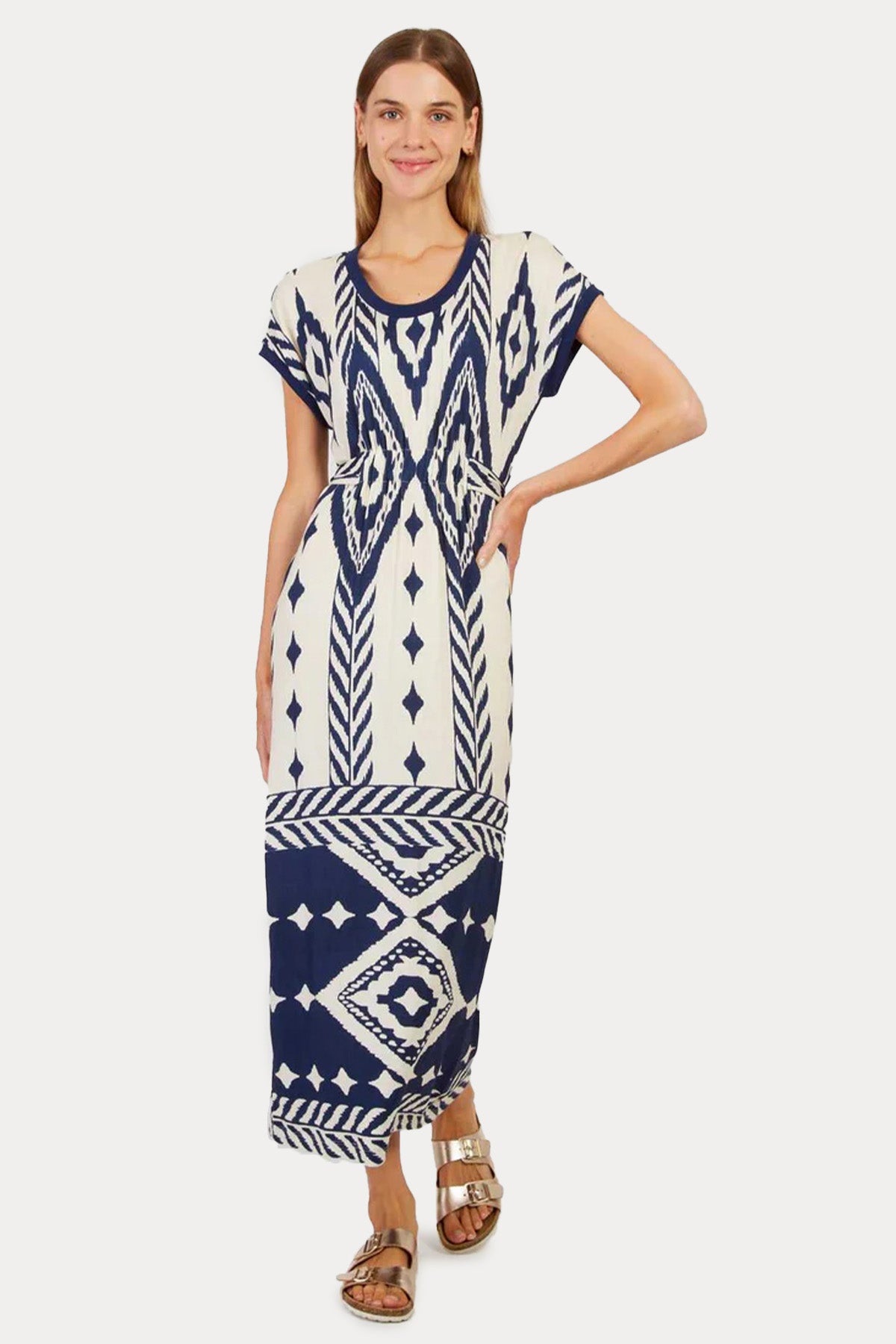 Rene Derhy Pivert Beli Lastikli Desenli Midi Elbise